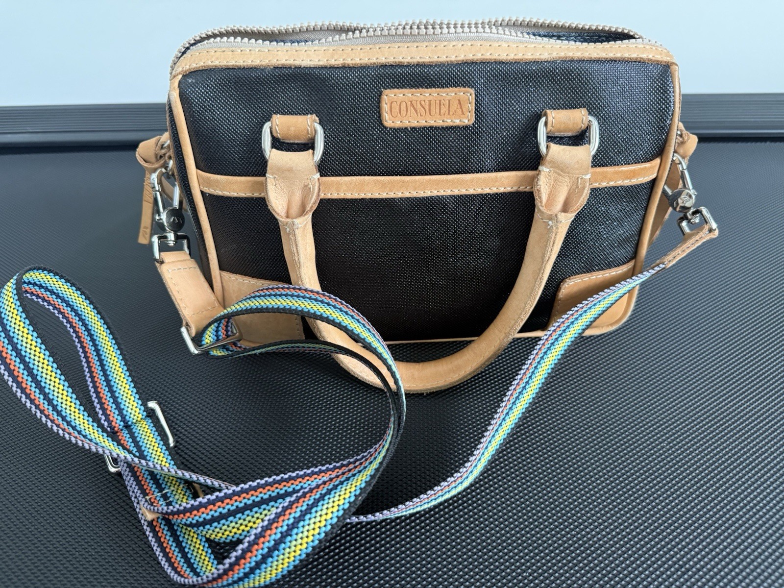 Consuela Black Tan Small Satchel Top Handle Crossbody, Detachable Strap, Zip