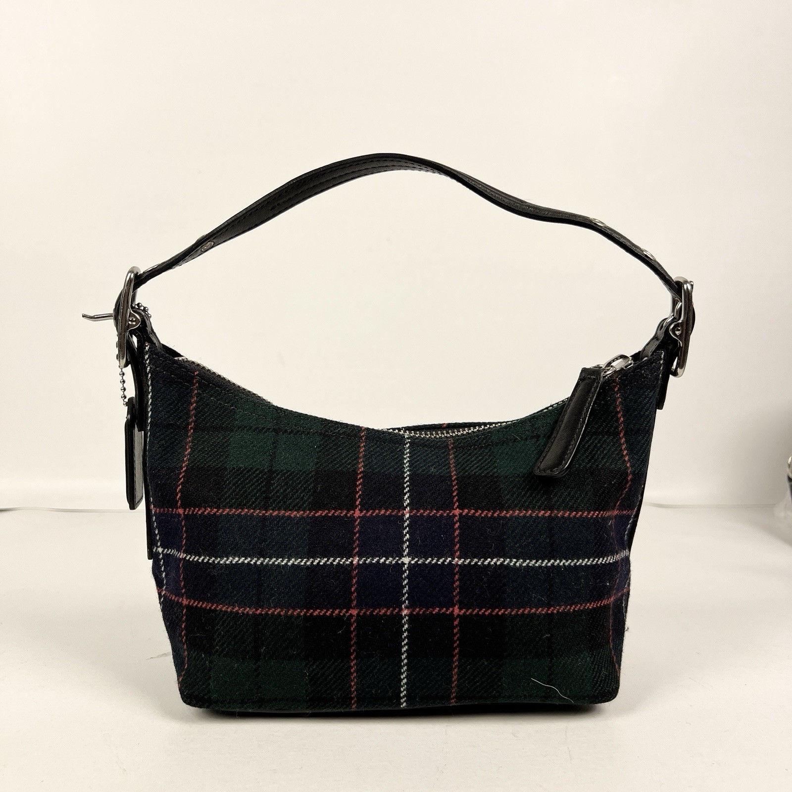 Coach Y2K Tartan Plaid Wool Hobo Shoulder Bag Black Leather Trim Silver Hardware