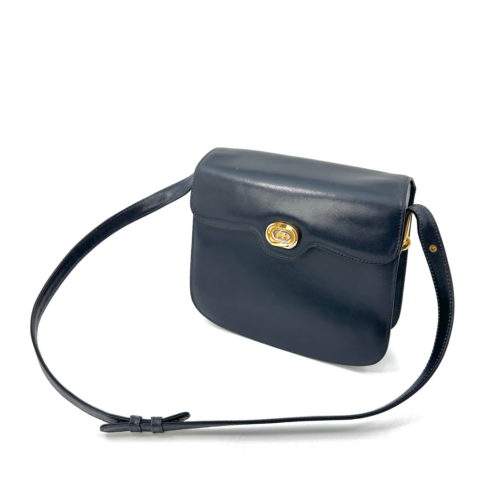 Vintage Gucci Interlocking Leather shoulder bag Navy Gold Auth
