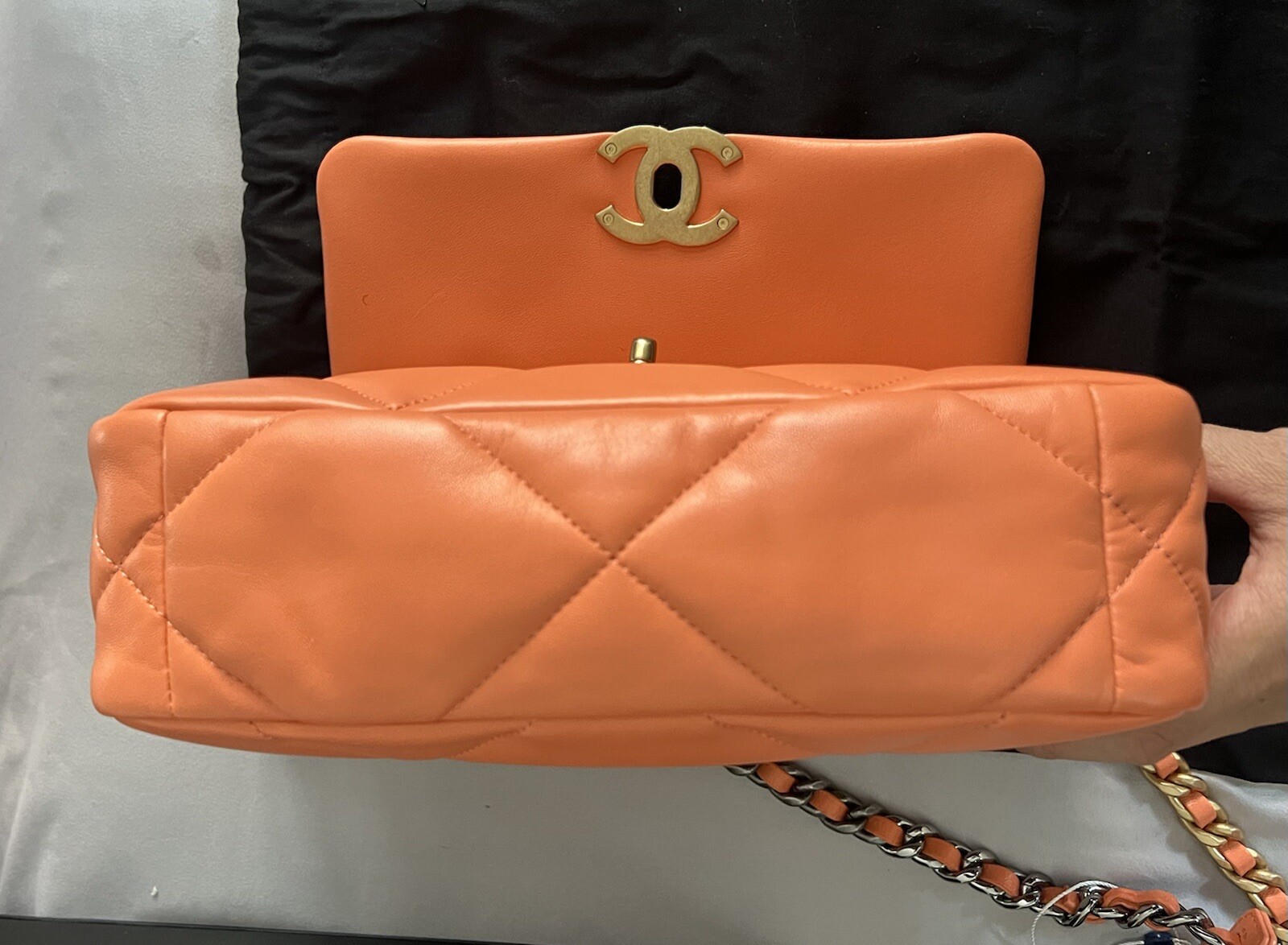 CHANEL 19 HANDBAG Lambskin, Gold-Tone, Silver-Tone&Ruthenium-Finish Metal CORAL