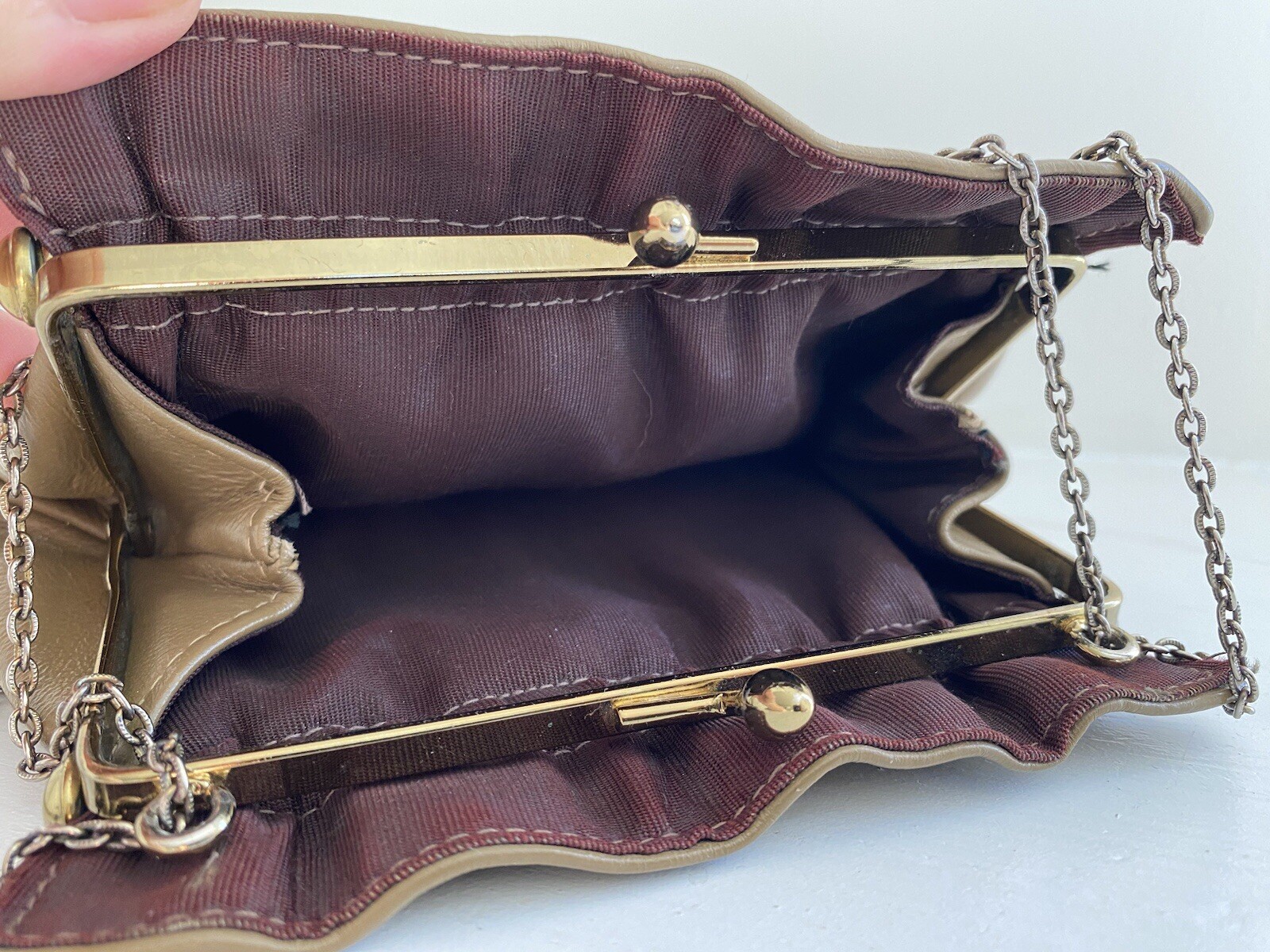 Vintage 60’s ETRA Brown Leather Envelope Clutch Bag Gold Trim Purse Swinging