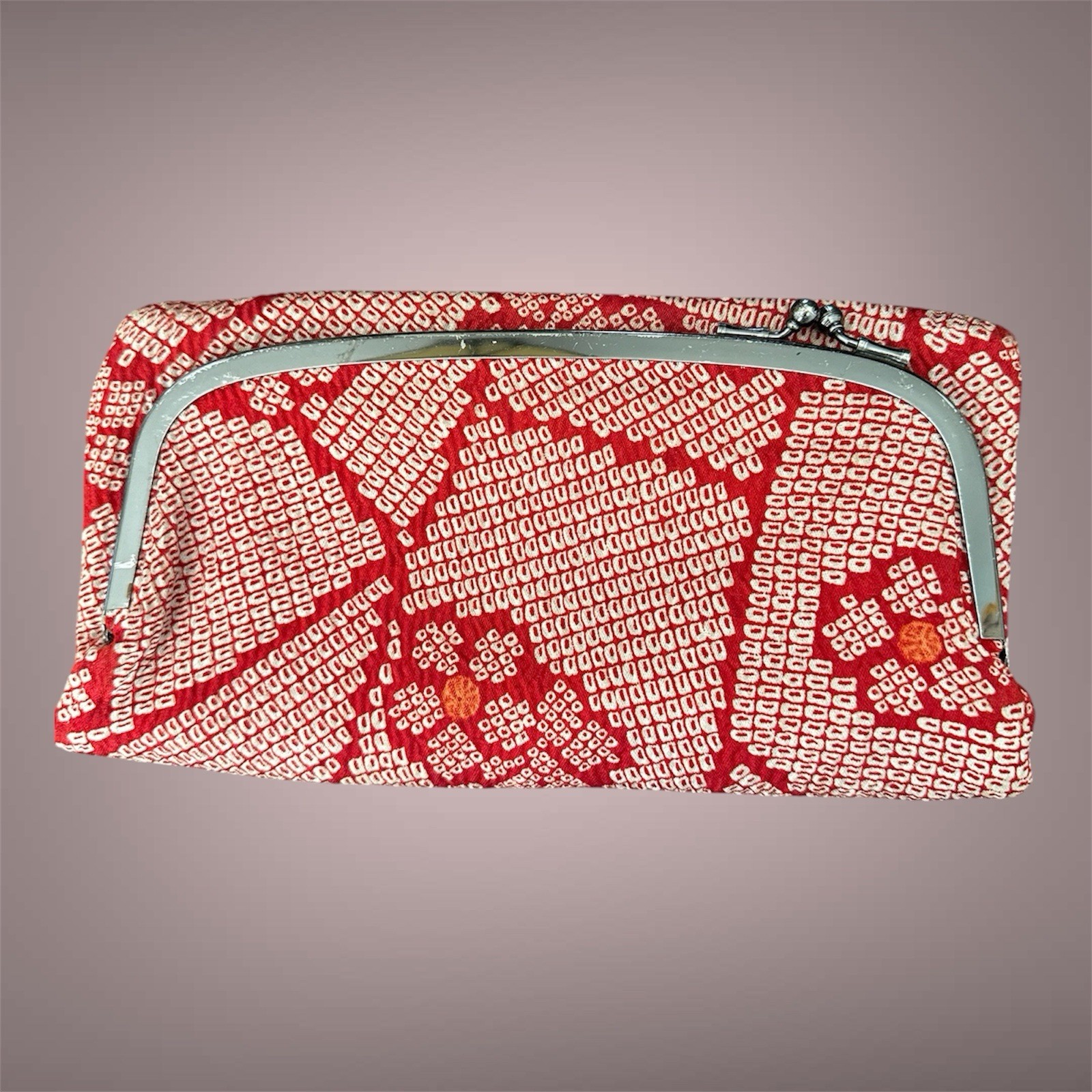 Vintage Japanese Shibori Silk Kimono Clutch Bag Red Kiss Lock Pouch Purse VTG