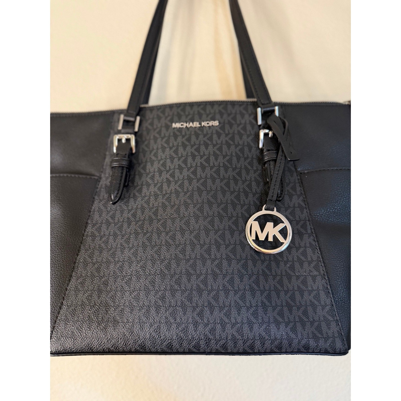 Michael Kors Charlotte Large Logo and Leather Top-Zip Black Purse NWOT