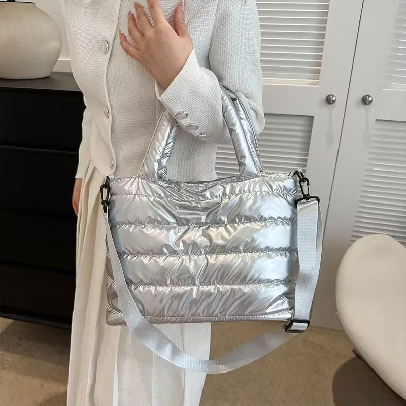 Silver Medium Puffer Puffy Quilted Tote Crossbody Bag SALE HELPS DOGS & CATS!