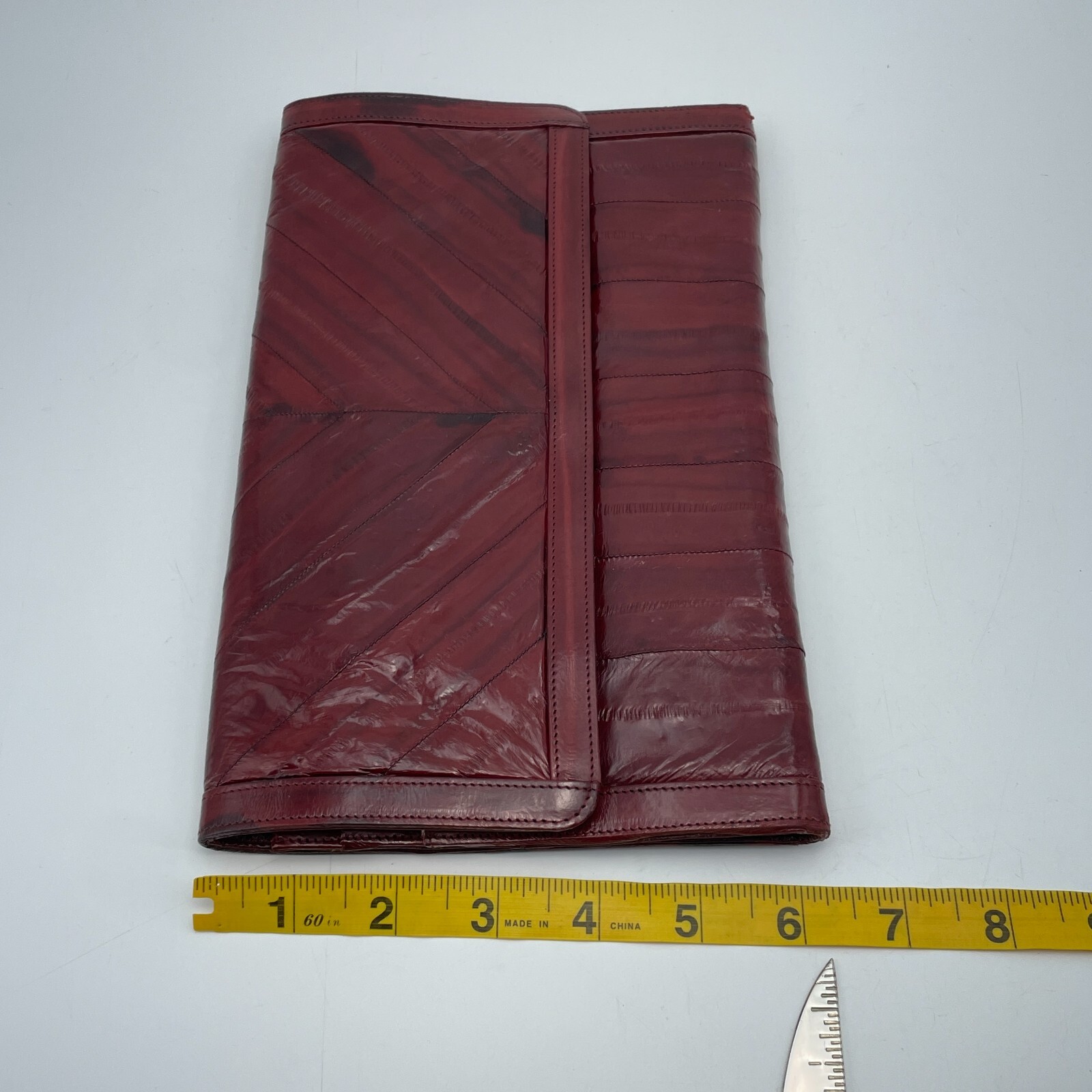 VTG Eel Skin Clutch Purse Red Color Button Closure Zip Compartments 10″ Korea