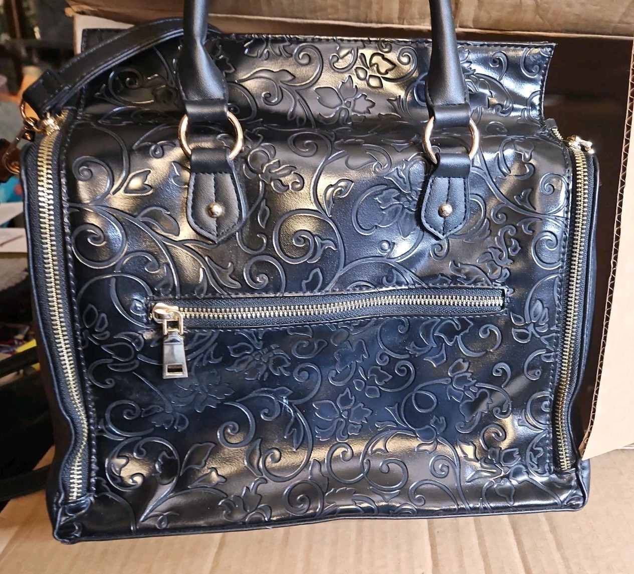 Brenice ~ Black Leather ~ Floral Embossed Detachable Strap Double Handle Satchel