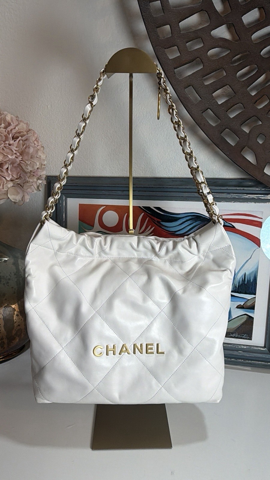 Authentic CHANEL 22 White Calfskin Leather Bag With Gold Hardware