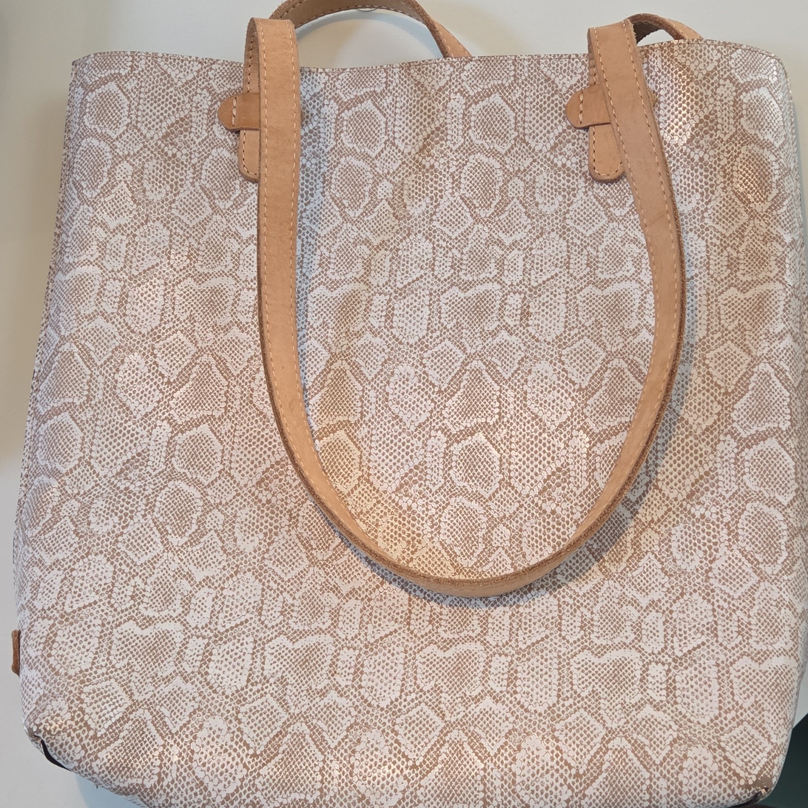 Consuela Beige Snake Print Tote Bag Tan Double Handles Detachable Pouch Pockets