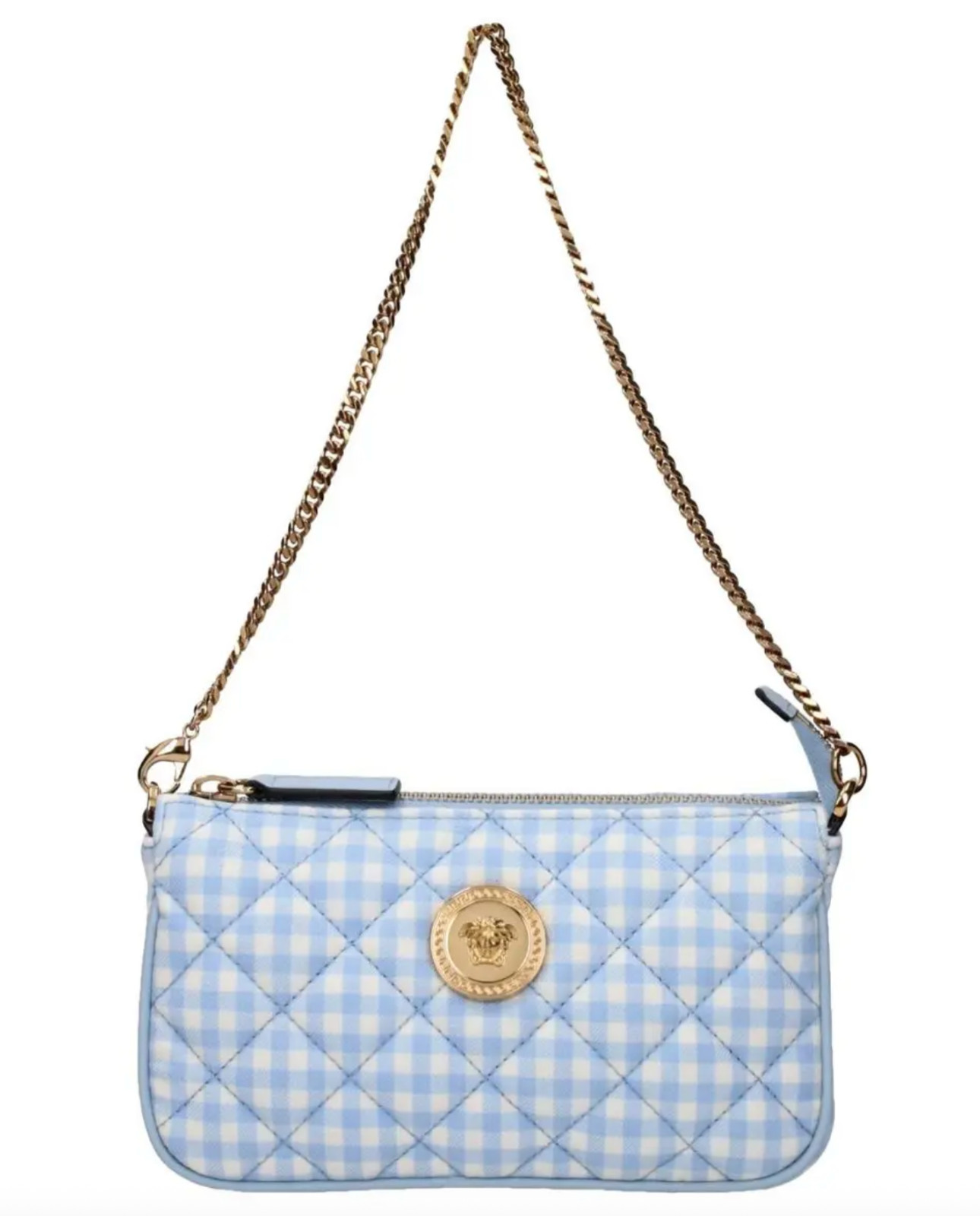 NWT Versace La Medusa Blue Gingham Quilted Logo Medallion Pochette Shoulder Bag