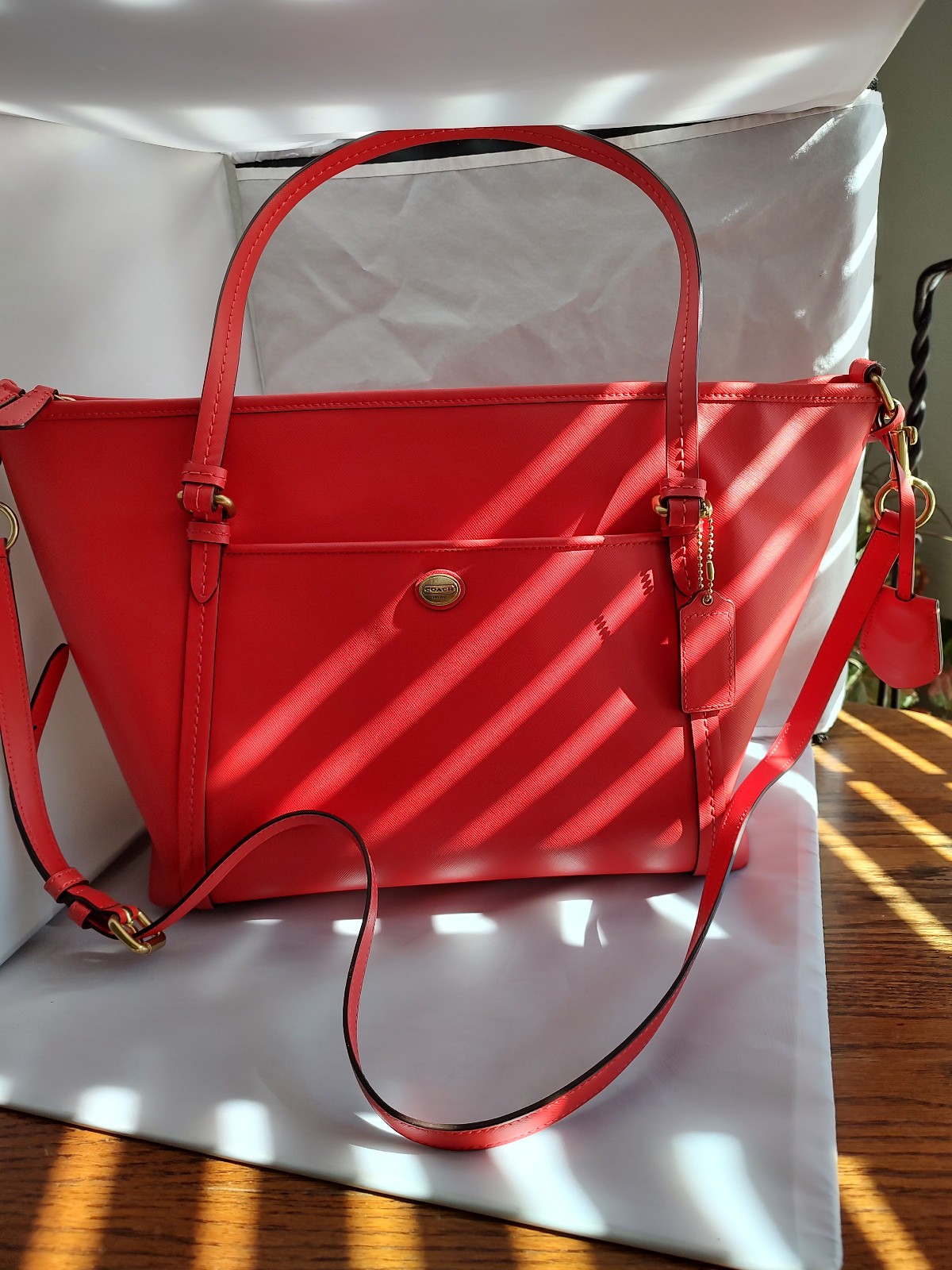 Coach Peyton Leather Coral/Red Crossbody Purse Bag Large #F25667