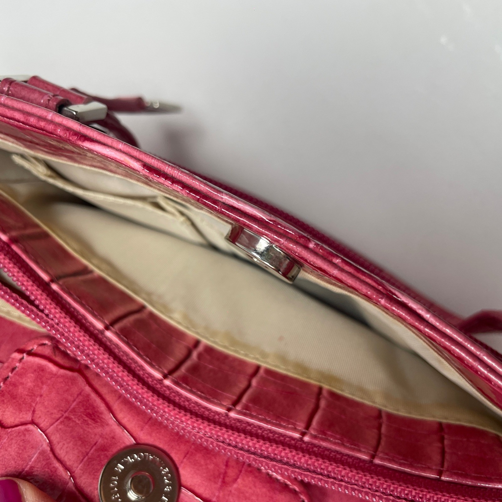 Bisou Bisou Pink Croc Embossed Patent Faux Leather Shoulder Bag Y2K B Logo Charm
