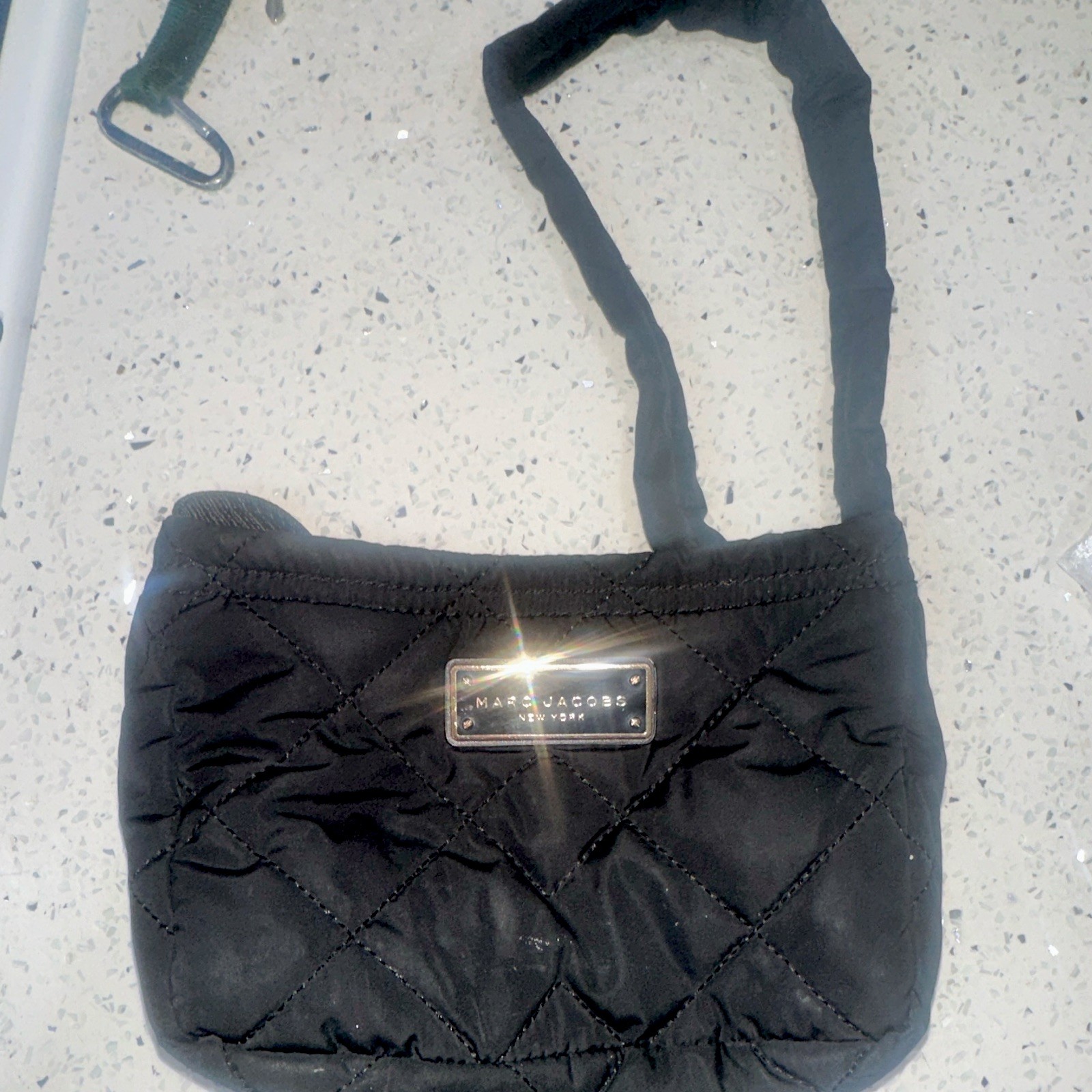 Marc Jacobs Black Quilted Shoulder Bag Logo Plate Detachable Strap Gold HW
