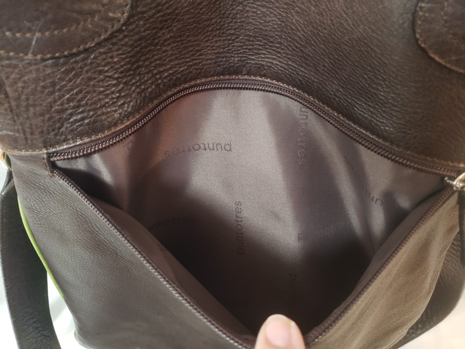 Puntotres Distressed Leather Brown Green Crossbody Messenger Bag- Spain EUC!