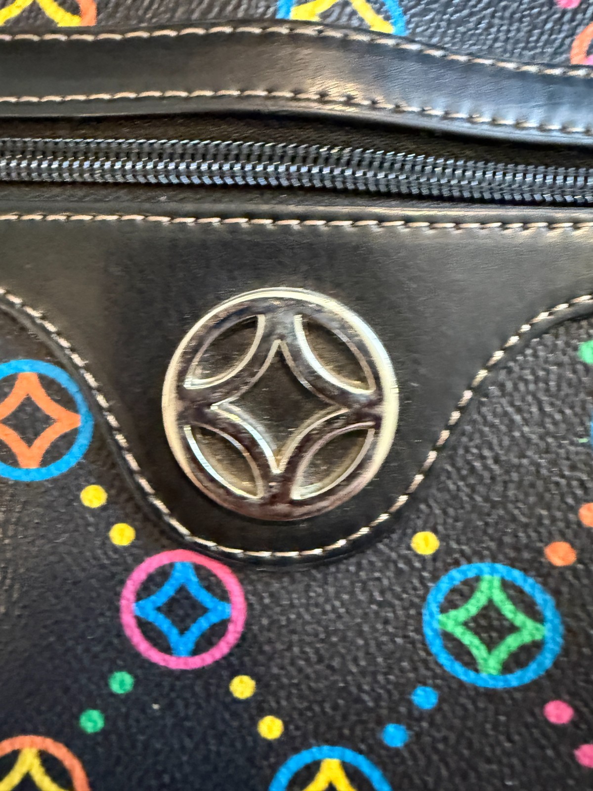 Multi-Color Geometric Pattern Shoulder Bag Tote Black Neon Rainbow Purse Zip Top