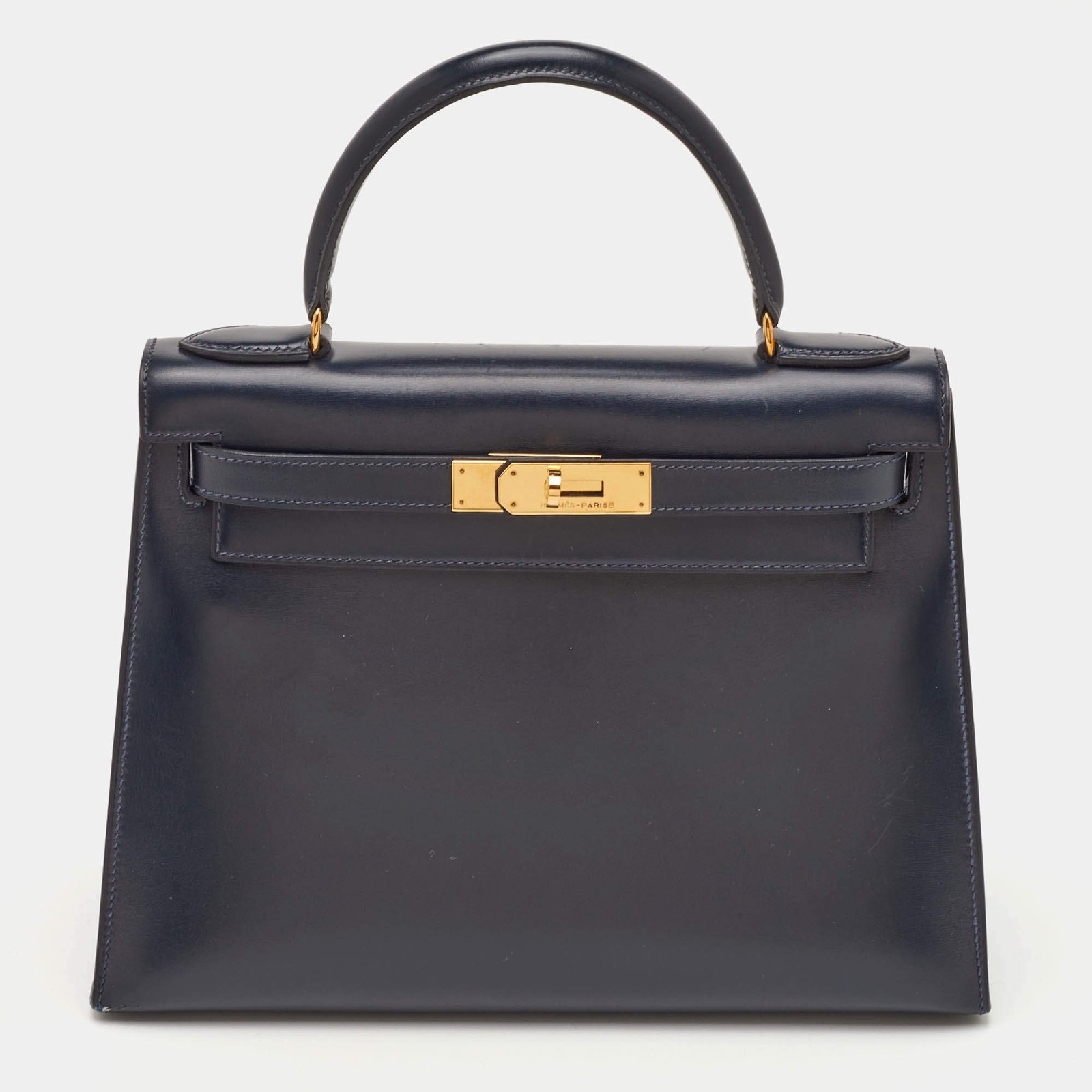Hermes Kelly Sellier 28 Gold Finish Bleu Nuit Box Leather Top Handle Bag
