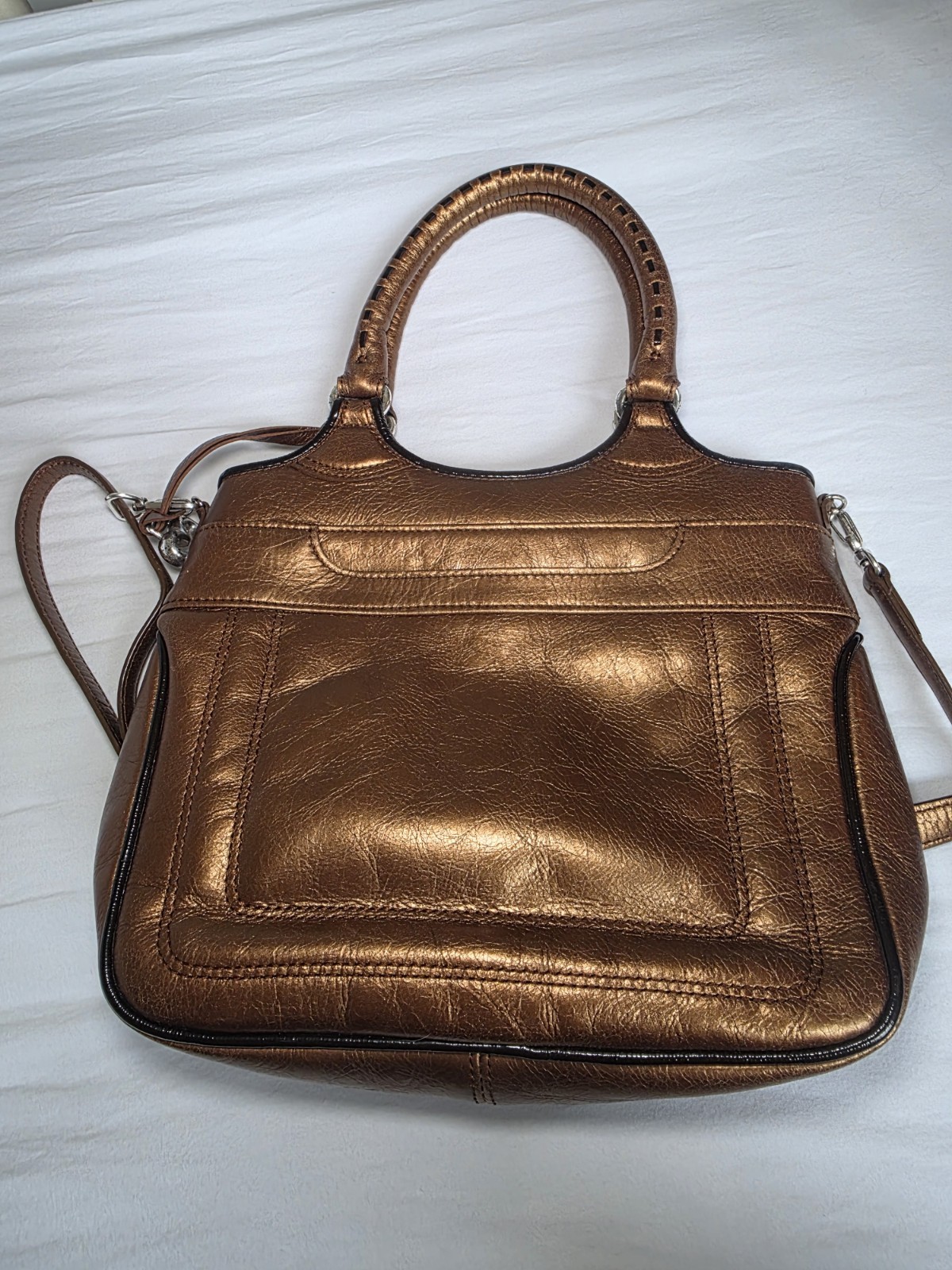 Brighton Vintage Metallic Bronze Leather Convertible Crossbody W/ Whipstich Bag