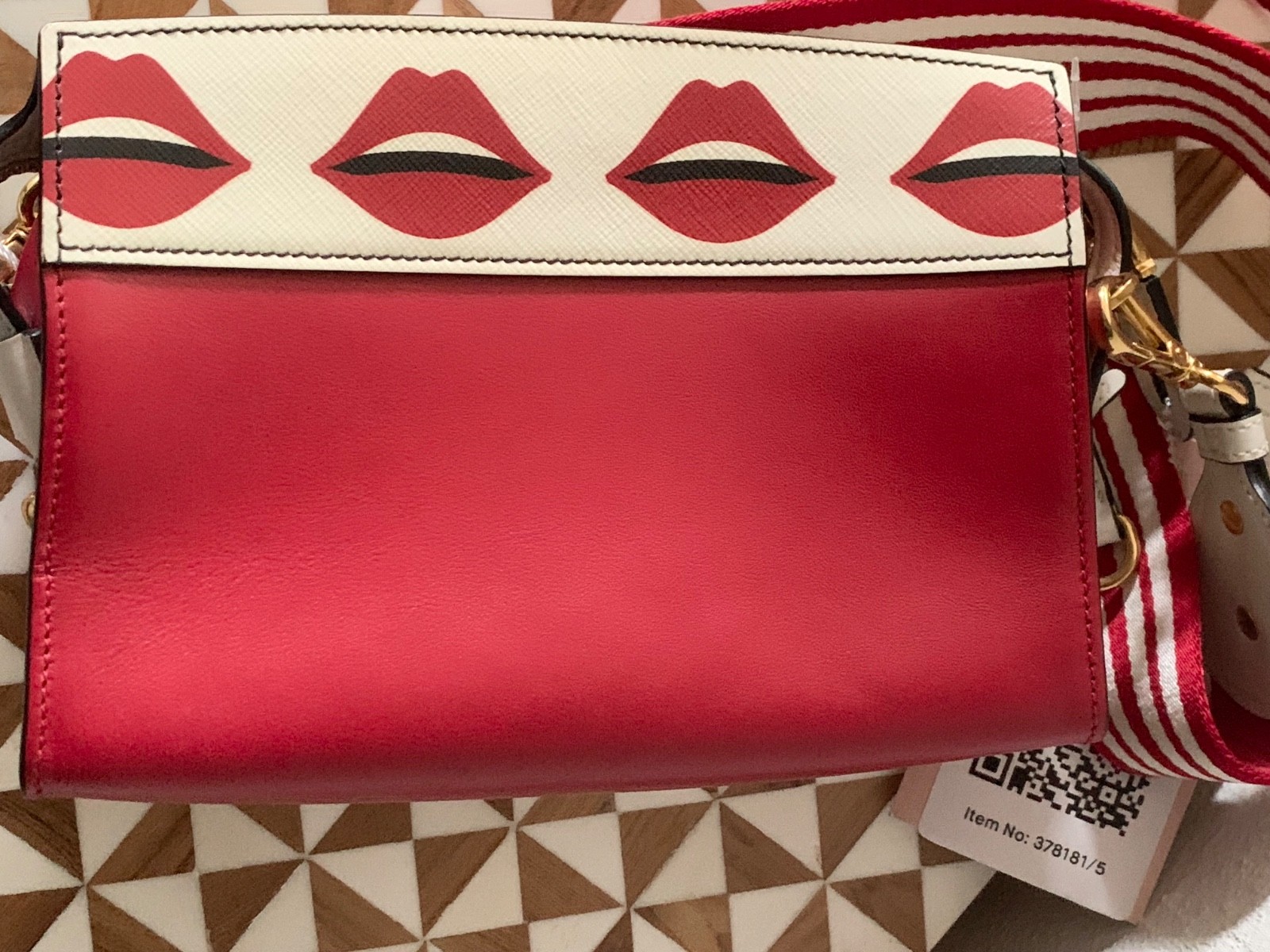 Prada City Calf Saffiano Esplanade Lip Print Crossbody Bag Red