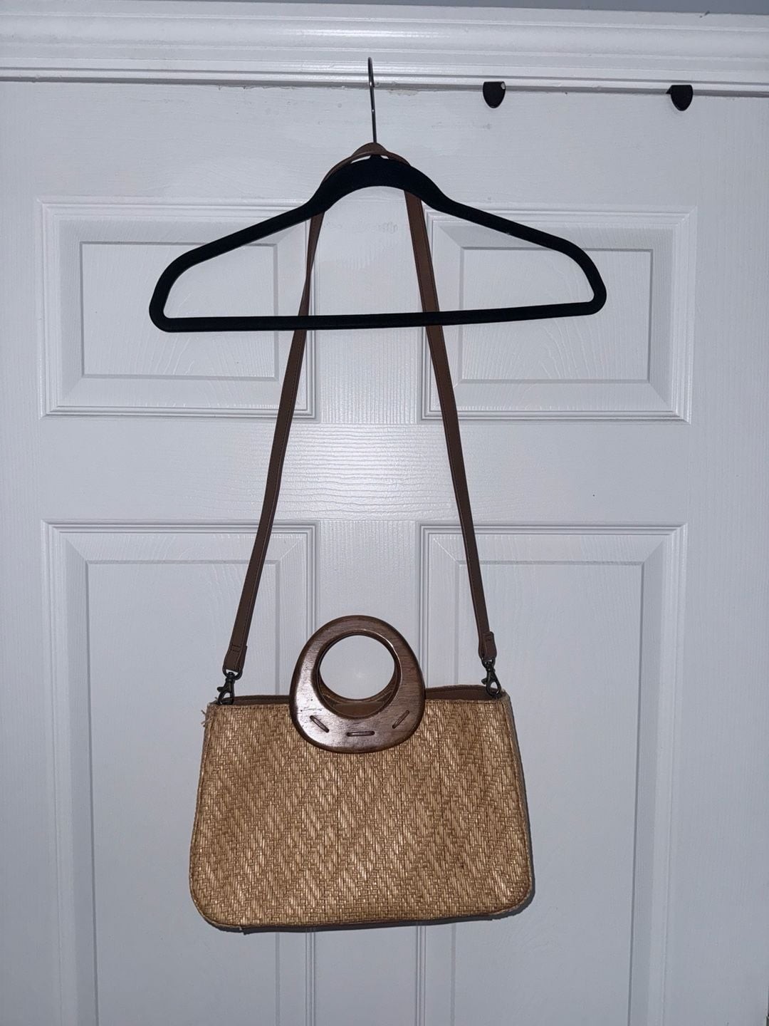 Vintage Fossil Woven Straw Tote Bag with Round Wood Handles