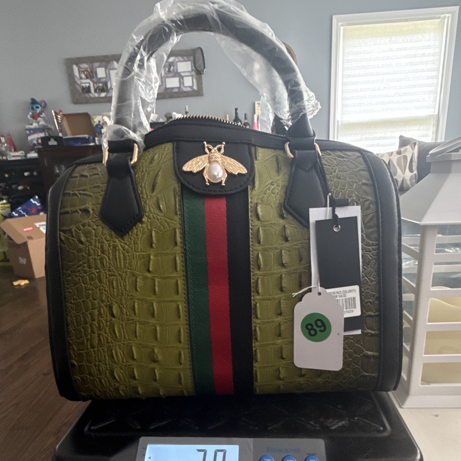 Women’s Green Croc-Embossed Satchel Top Handle Zip Bag w/ Detachable Strap