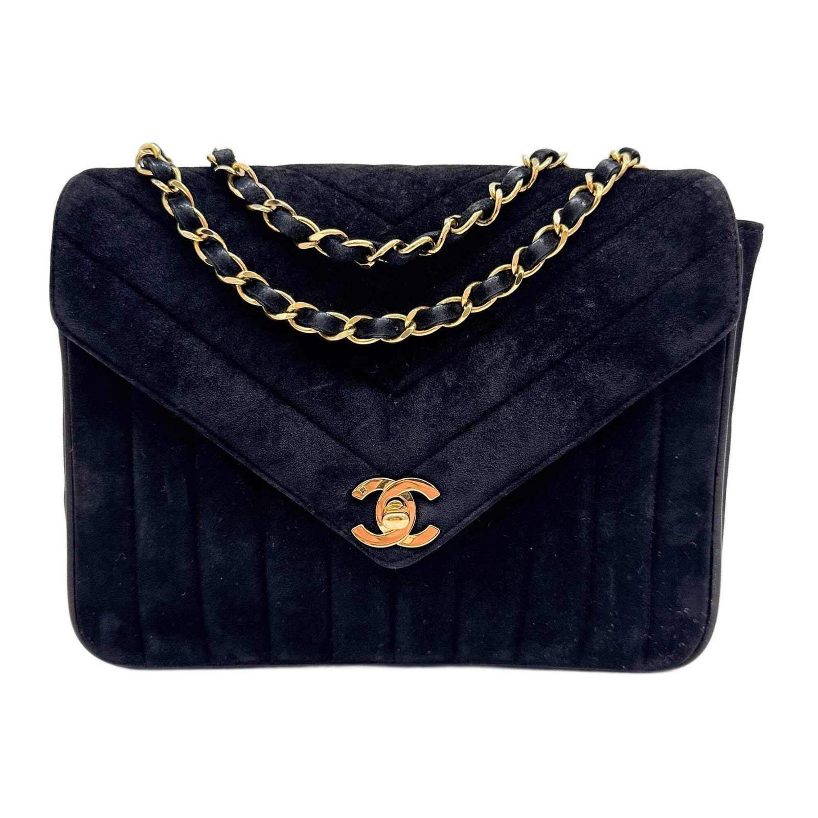 CHANEL Envelope Flap 1991-1994 Chevron Black Suede Shoulder Bag