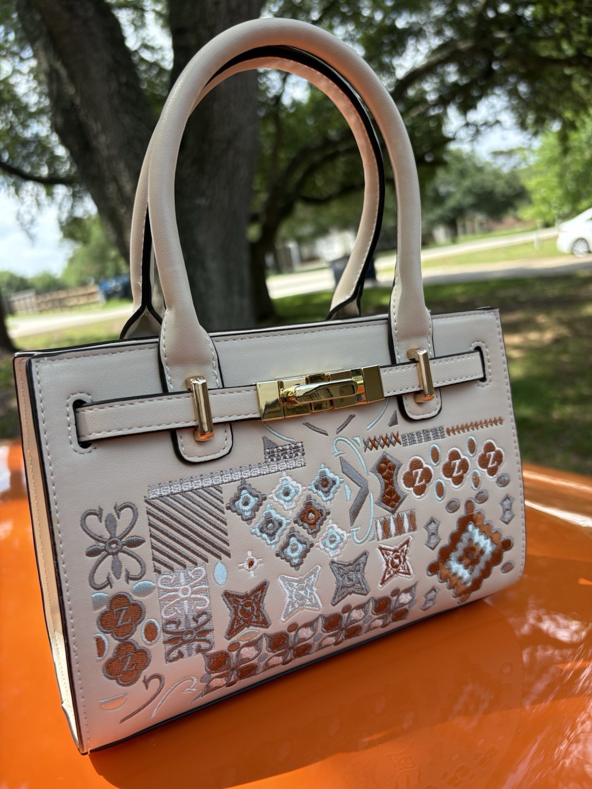 Embroidered Satchel Top Handle Bag Gold Hardware Detachable Strap Padlock