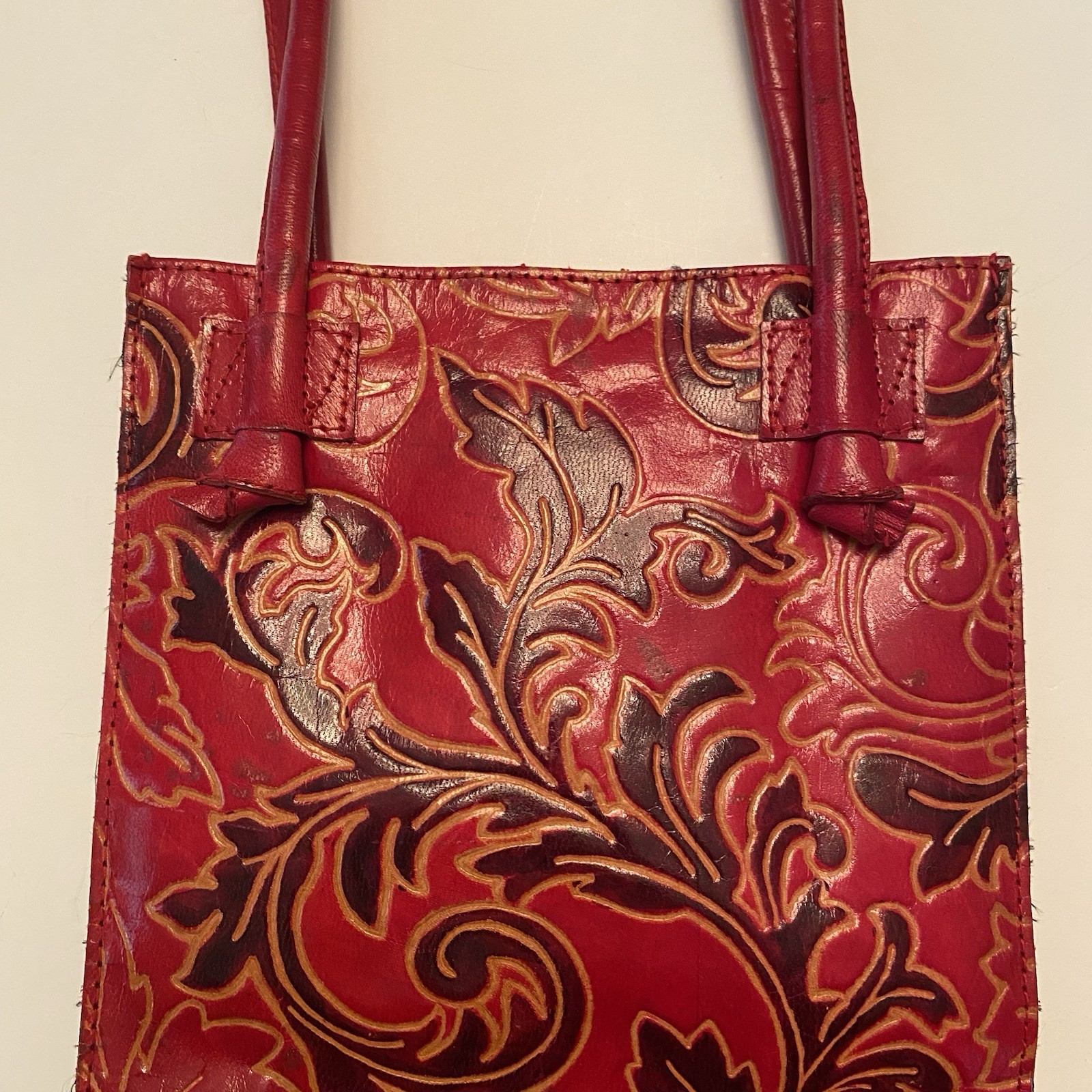 Unique Red/Brown/Tan Tooled Faux Leather Handbag Purse