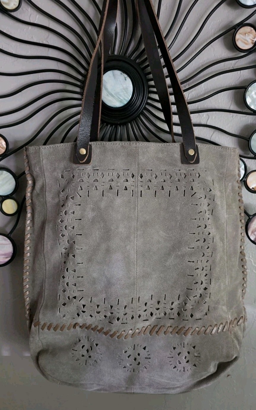 SONDRA ROBERTS Large Suede Tan Tote Lazer Cut Leather Trim