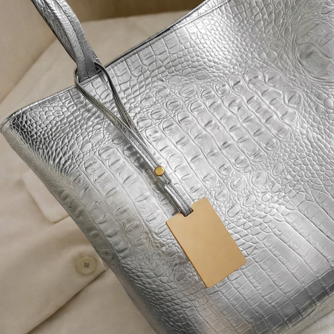 Silver Metallic Tote Bag Croc Embossed Large Shoulder Handbag Purse for Women