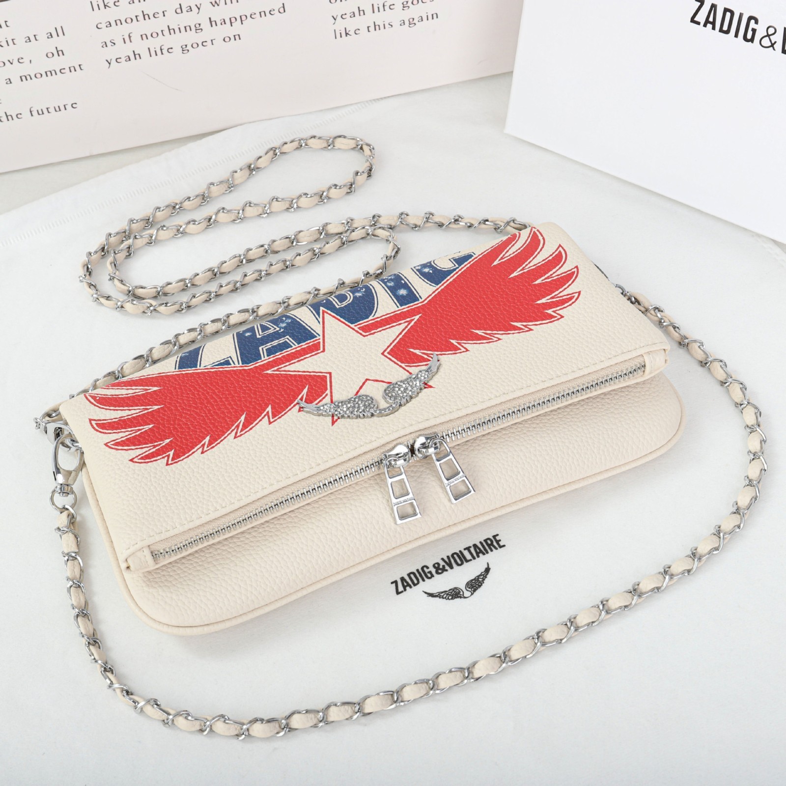 Zadig & Voltaire Cream Leather Bag Red Wing Star Graphic Dual Chain 27x15cm