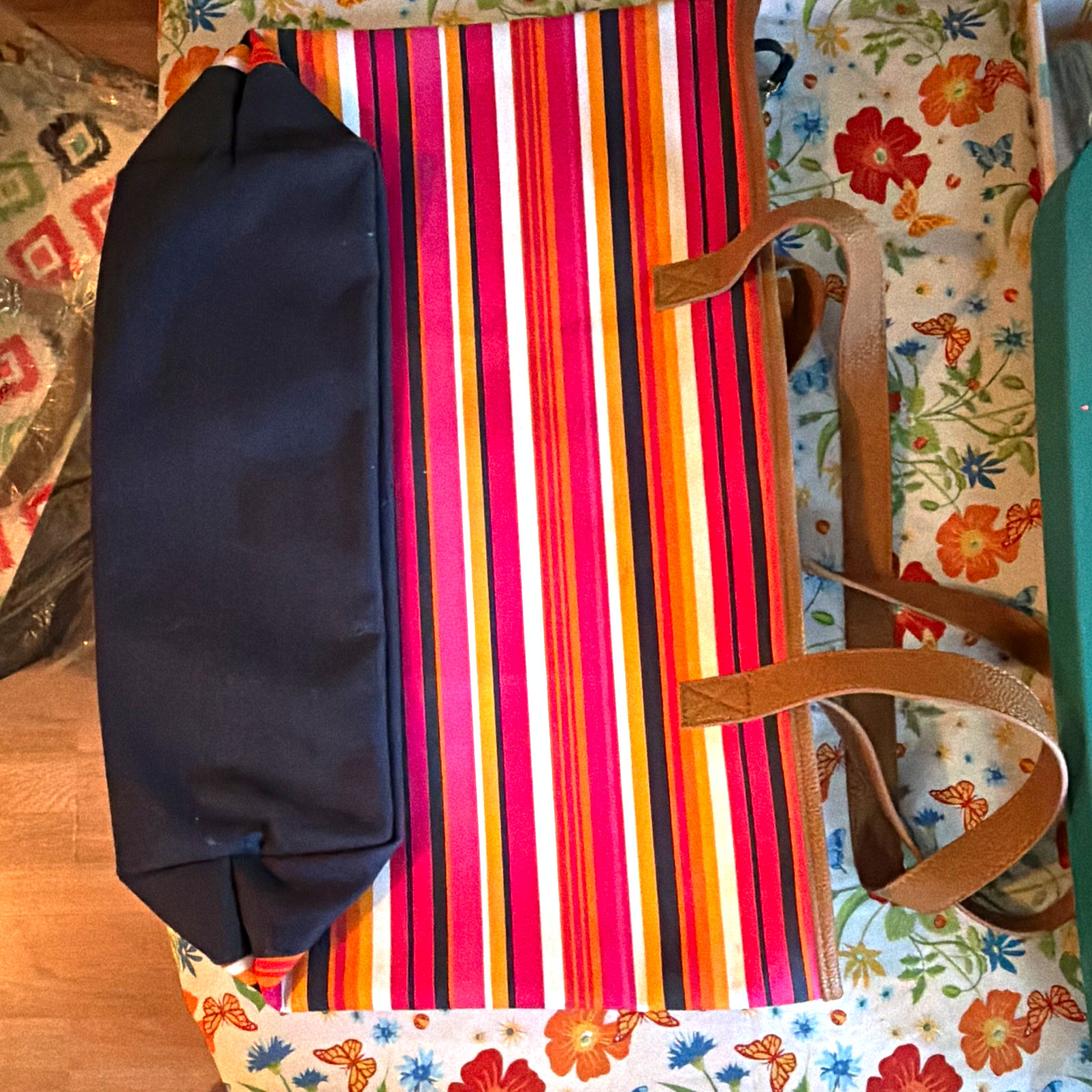 Thirty-One Striped Multicolor Large Tote Bag Brown Double Handles, Pouch