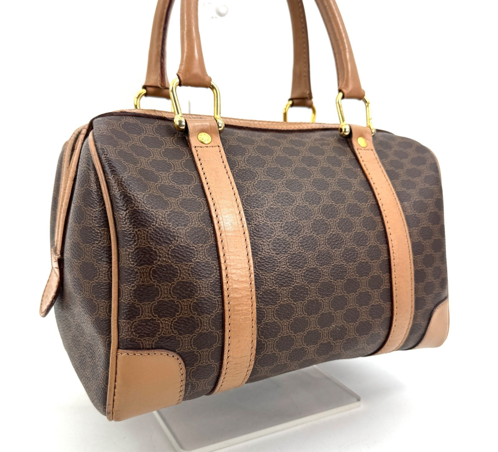 CELINE Mini Boston Bag Macadam PVC Leather Brown Vintage Authentic