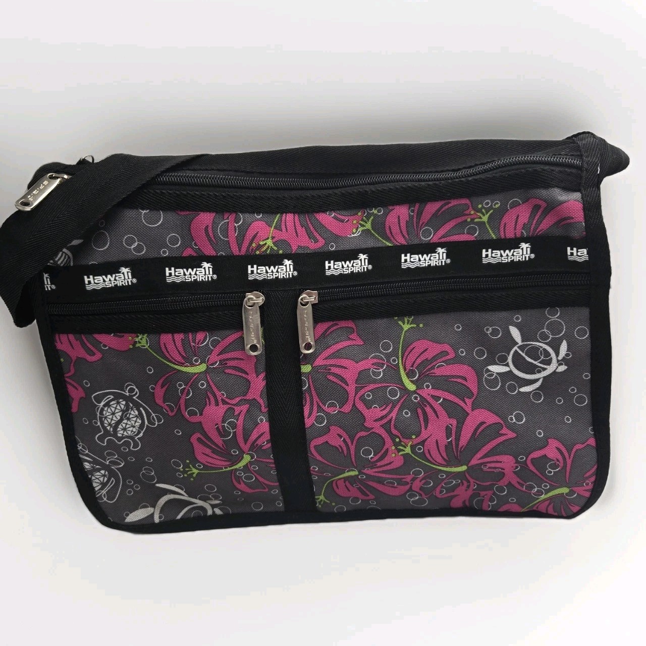 Hawaii Spirit Floral Sea Turtle Travel Crossbody Bag Pink Black 6 Pockets Expand