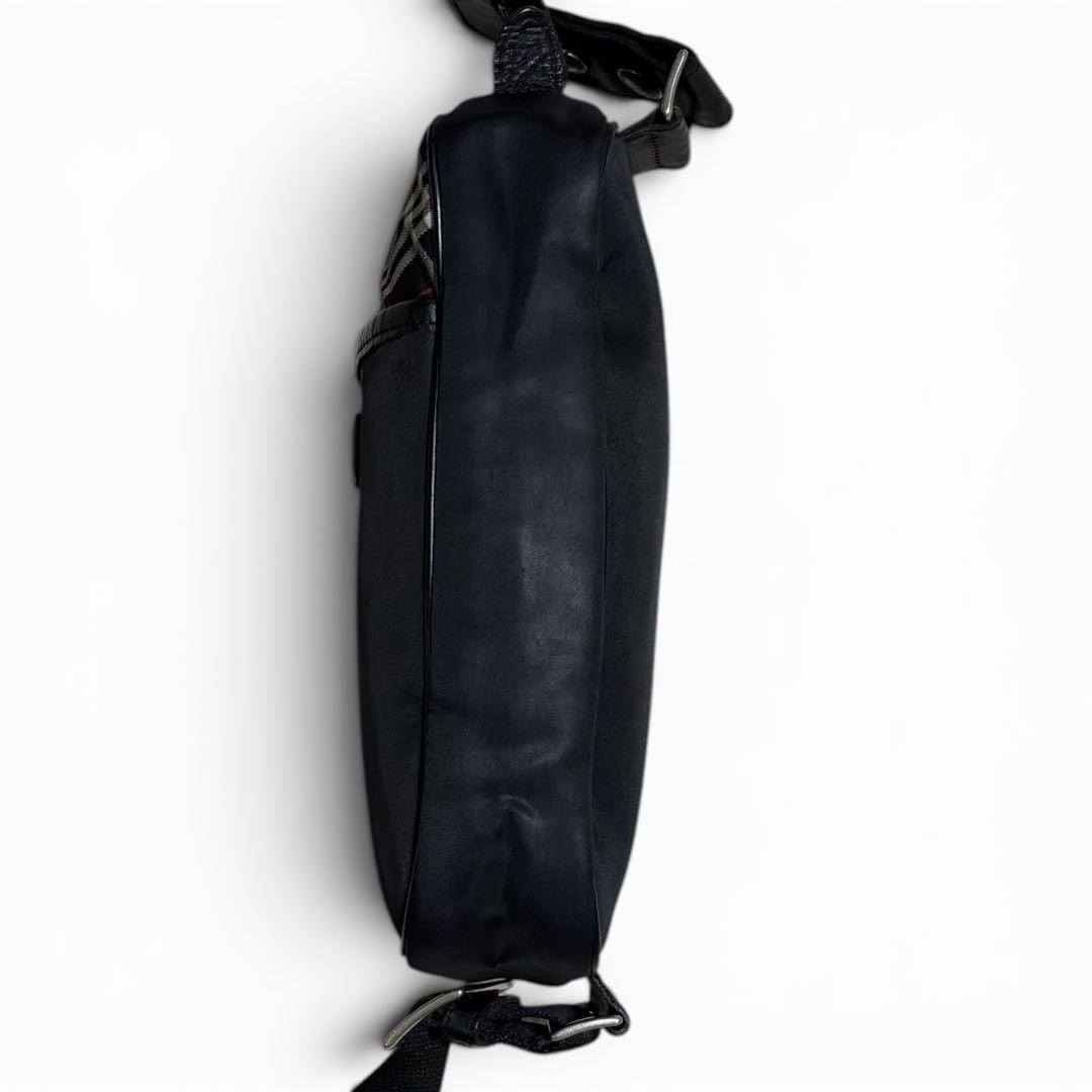 Burberry Black Label Plaid Leather Fabric Body Bag Logo Plate Black Auth