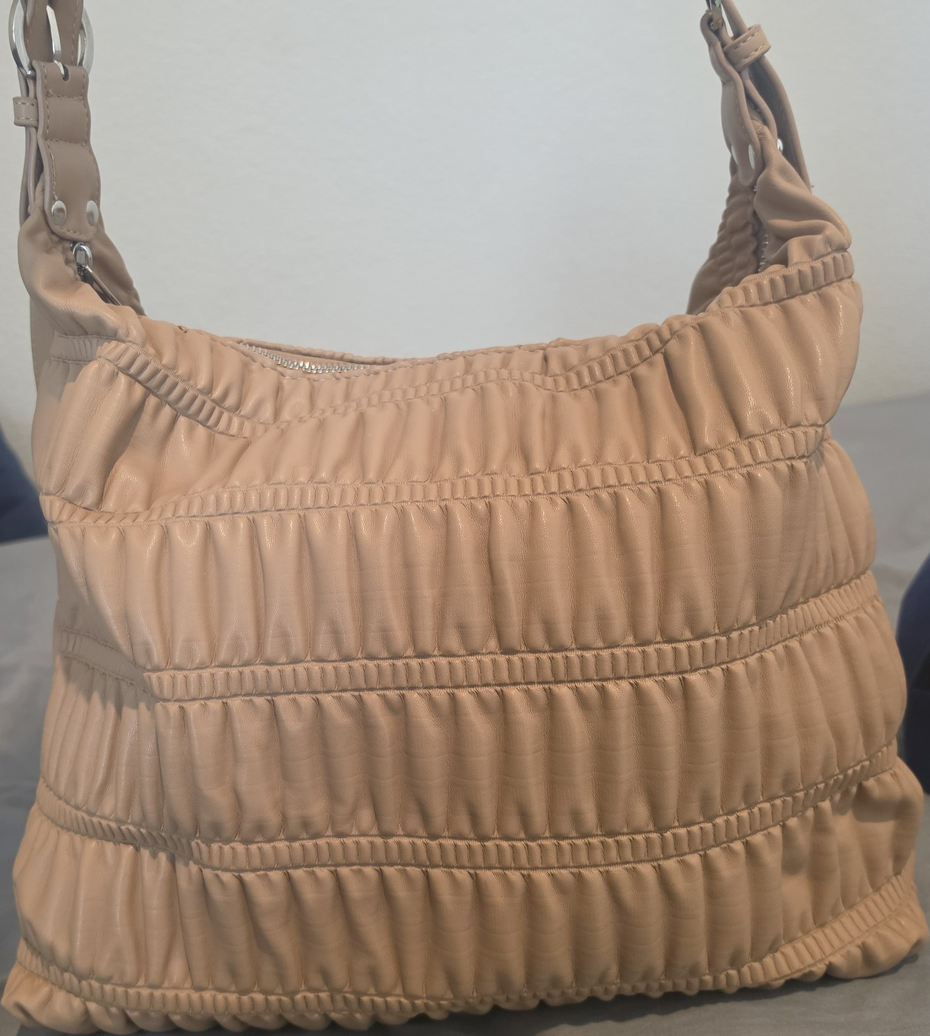 PARISIAN Women’s Beige Ruched Shoulder Bag Faux Leather Zip Silver Hardware