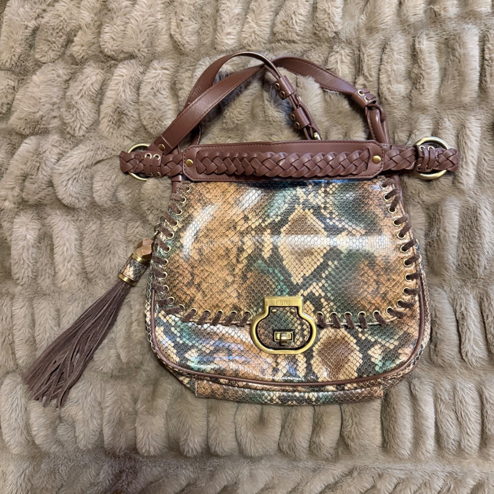 Rafe New York Snakeskin Embossed Leather Crossbody Bag Brown Teal Whipstitch
