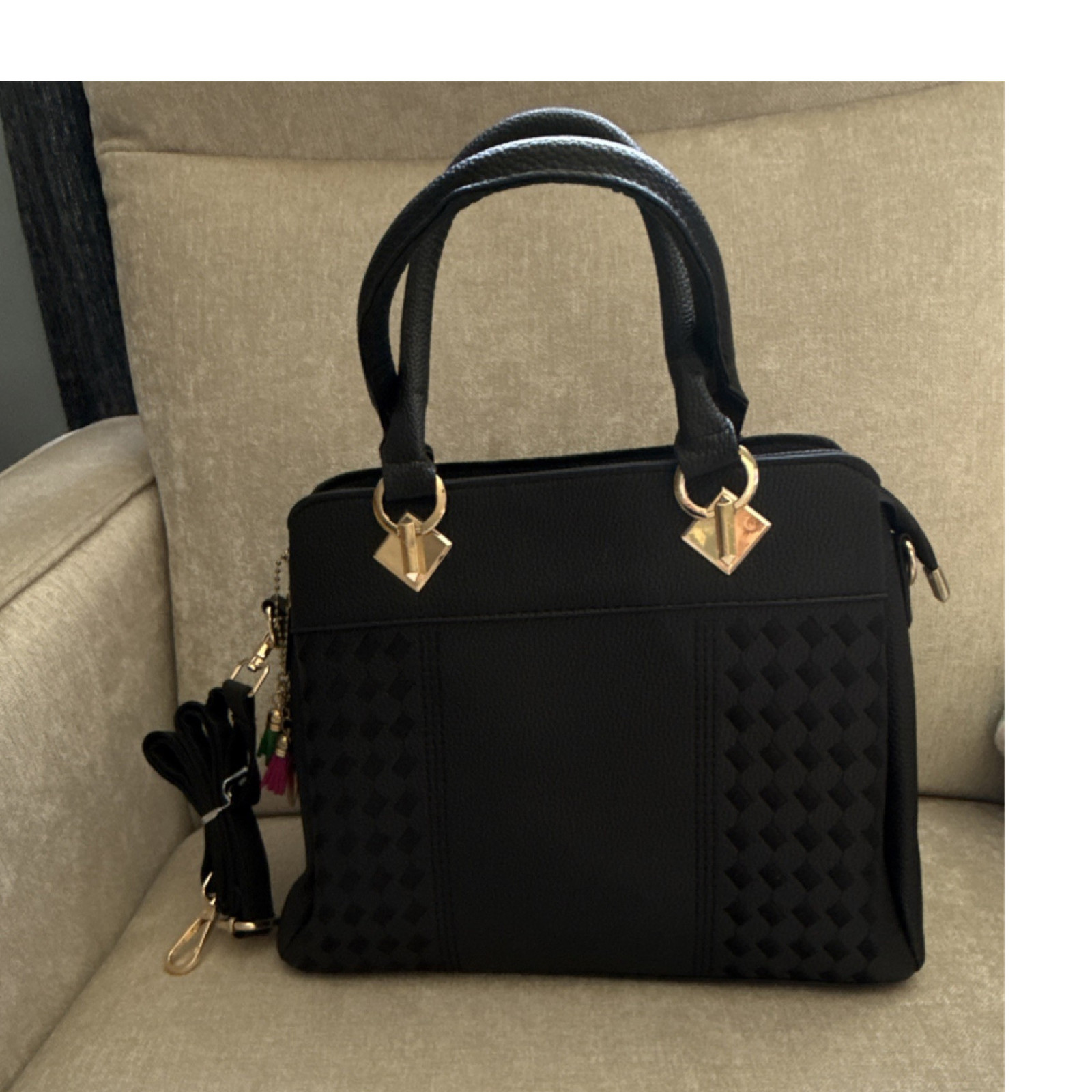Women’s Black Satchel Top Handle Bag with Gold Hardware Zip Detachable Strap