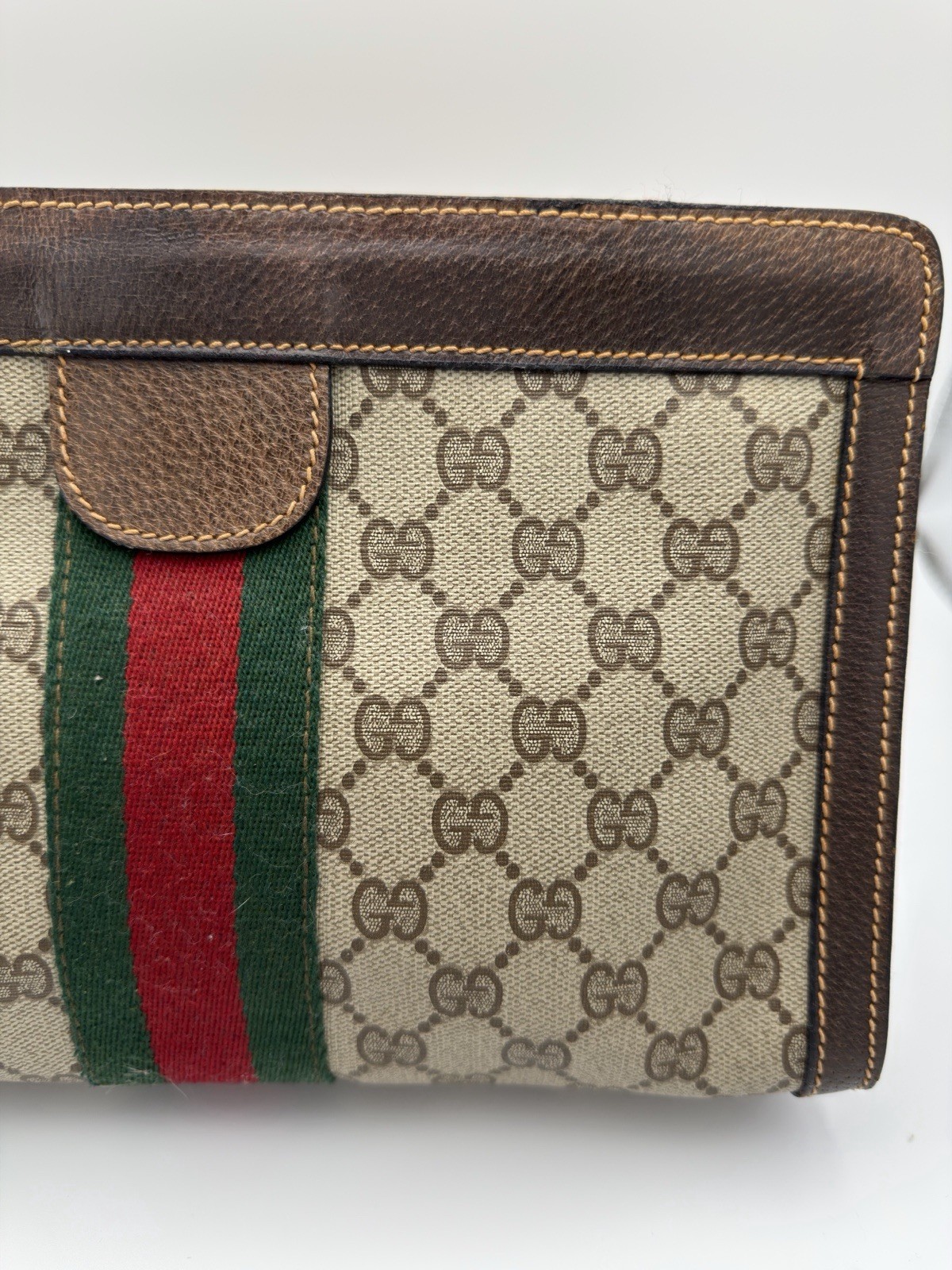 Authentic Gucci Vintage GG Supreme Clutch Web Stripe PVC Brown Classic