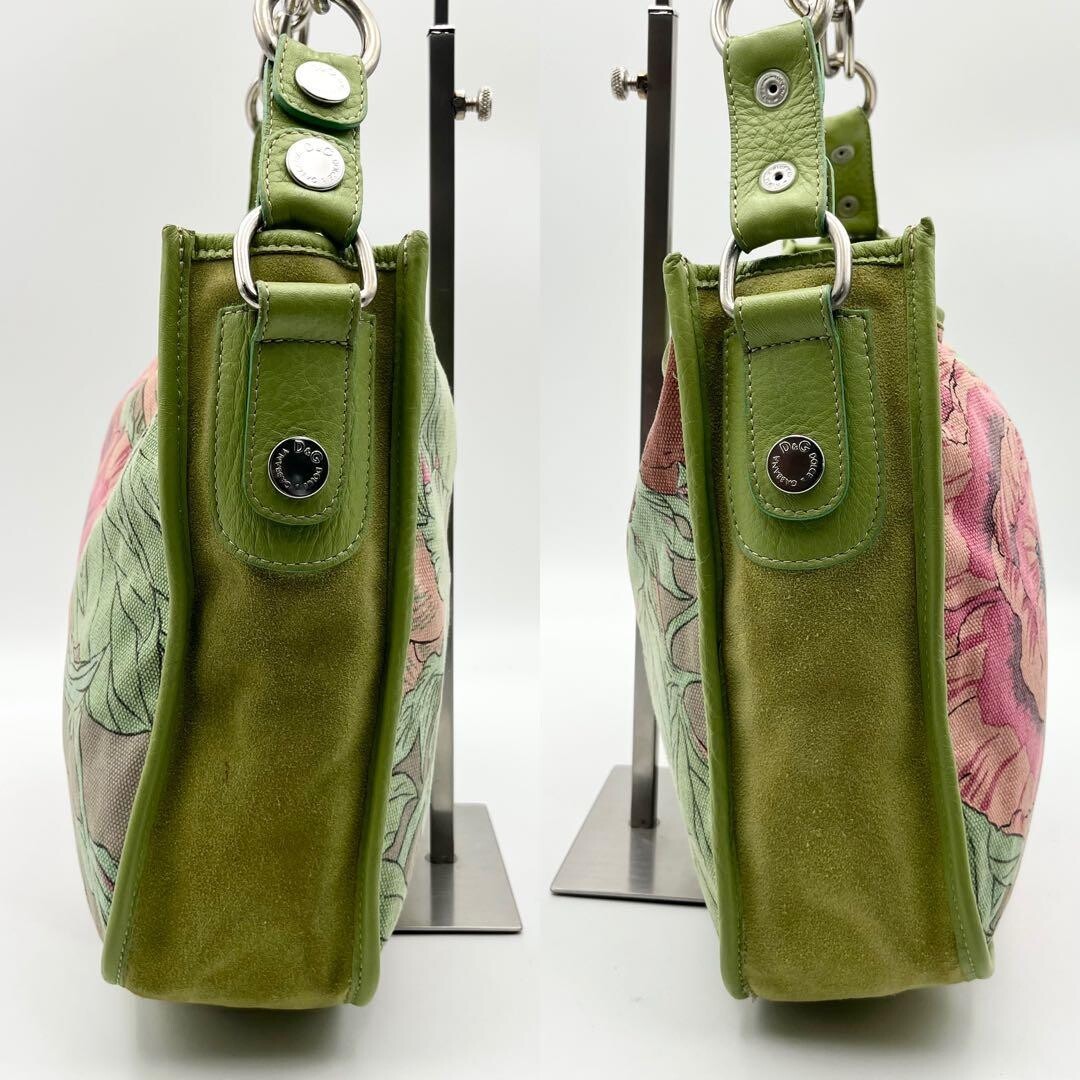 Dolce Gabbana Green Floral Chain Shoulder Bag Silver Metal Large Womens