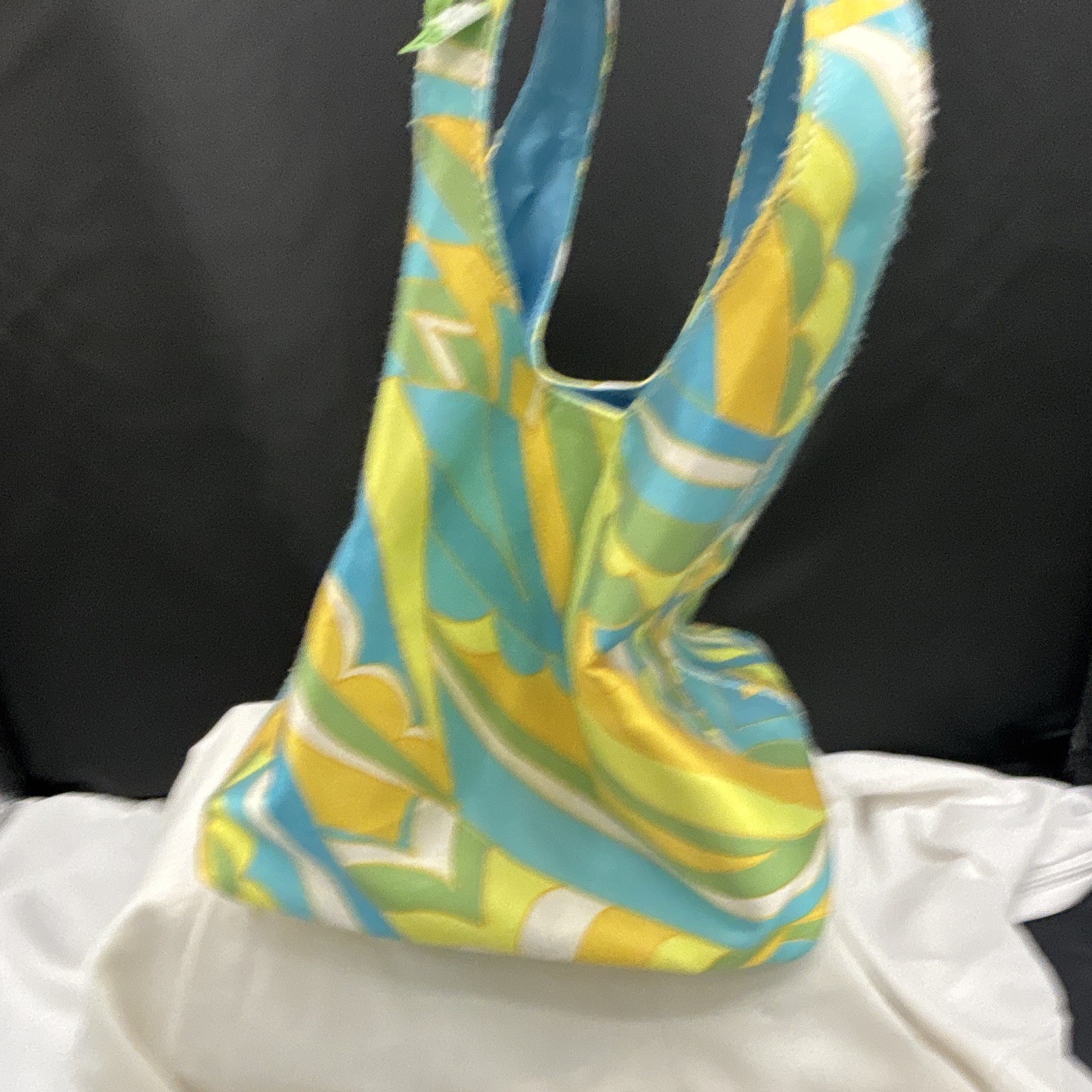 Neiman Marcus Geometric Tote Blue Yellow Green Top Handle Magnetic Closure