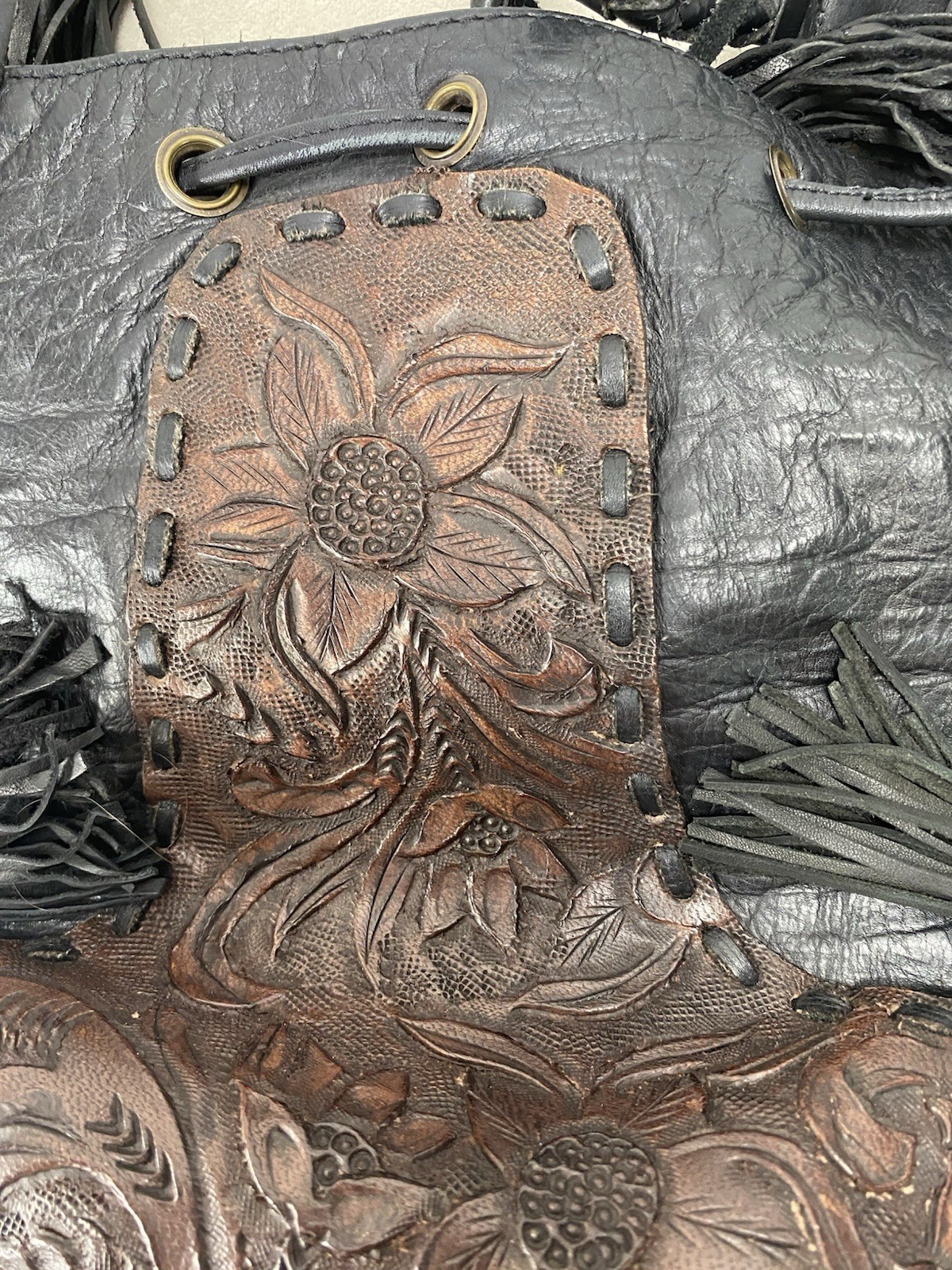 Kobler Brown and Black Tooled Leather Purse Fringe Crossbody Boho Southwestern