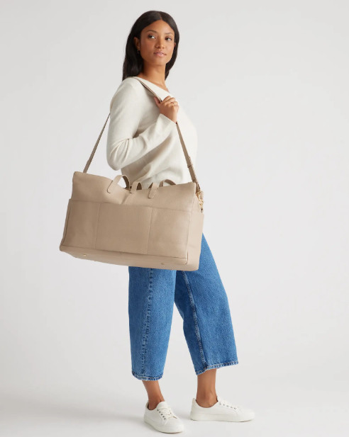 NWT QUINCE ITALIAN LEATHER TRIPLE COMPARTMENT WEEKENDER BAG TAUPE MSRP $240