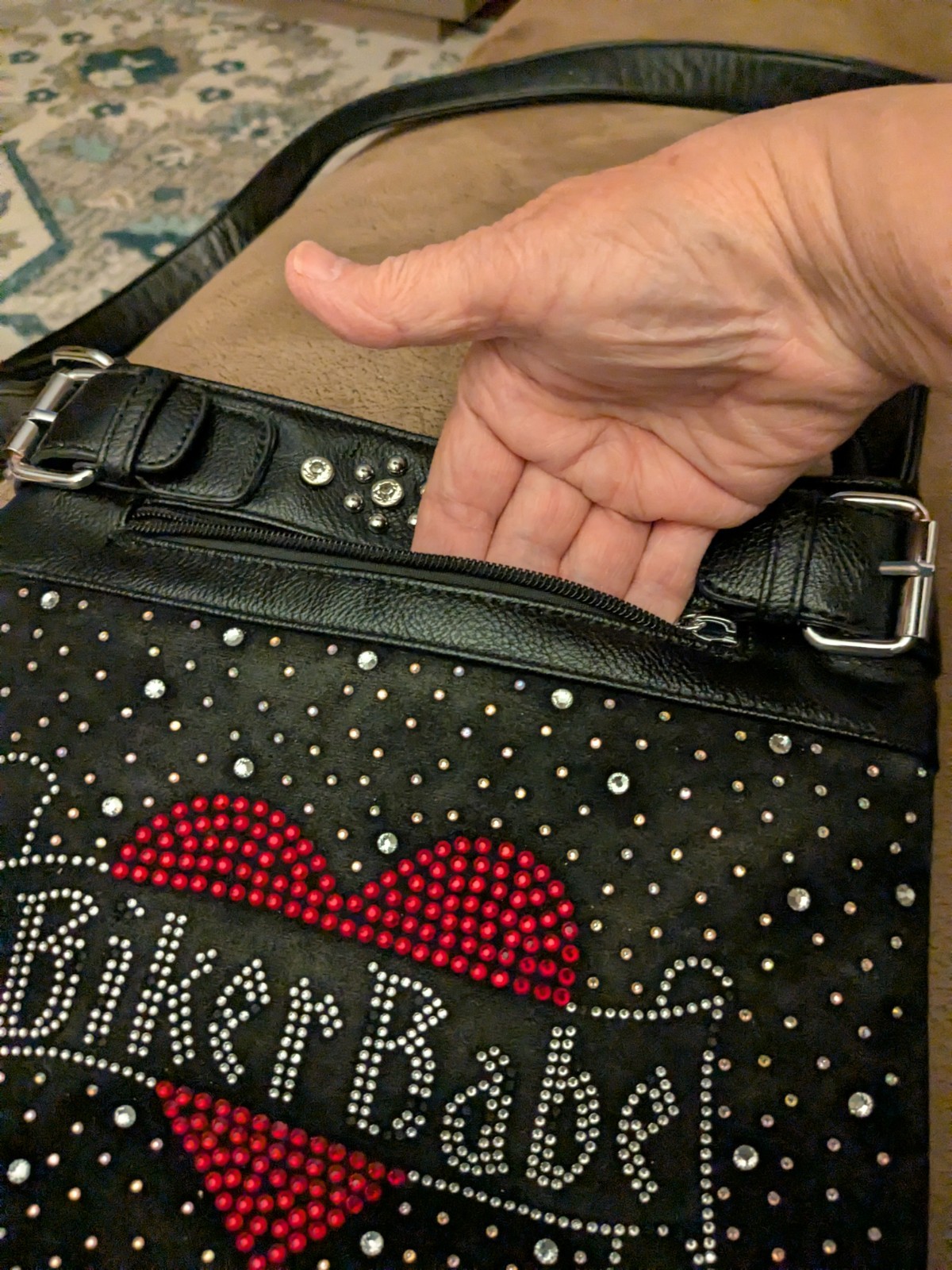 Biker/Motorcycle Black Leather Purse, White/Red Rhinestones, Shoulder Strap, EUC