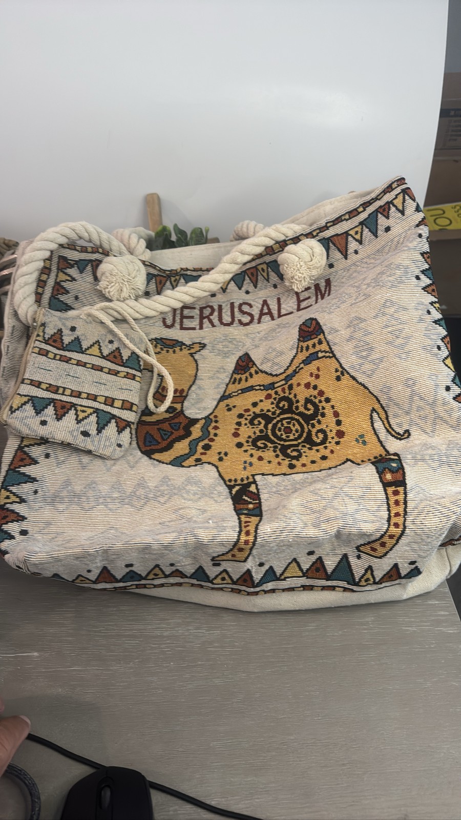 Jerusalem Tapestry Tote Bag Camel Pattern Rope Handles With Coin Pouch
