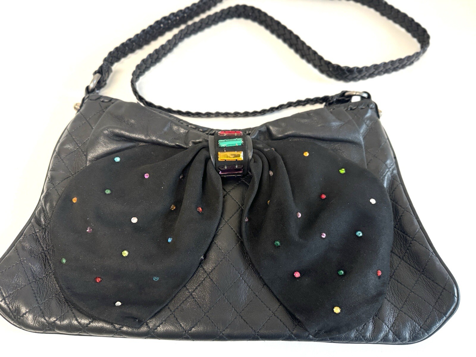 Vintage Anthony Luciano Crossbody Handbag Purse Black Leather Rhinestone Bow