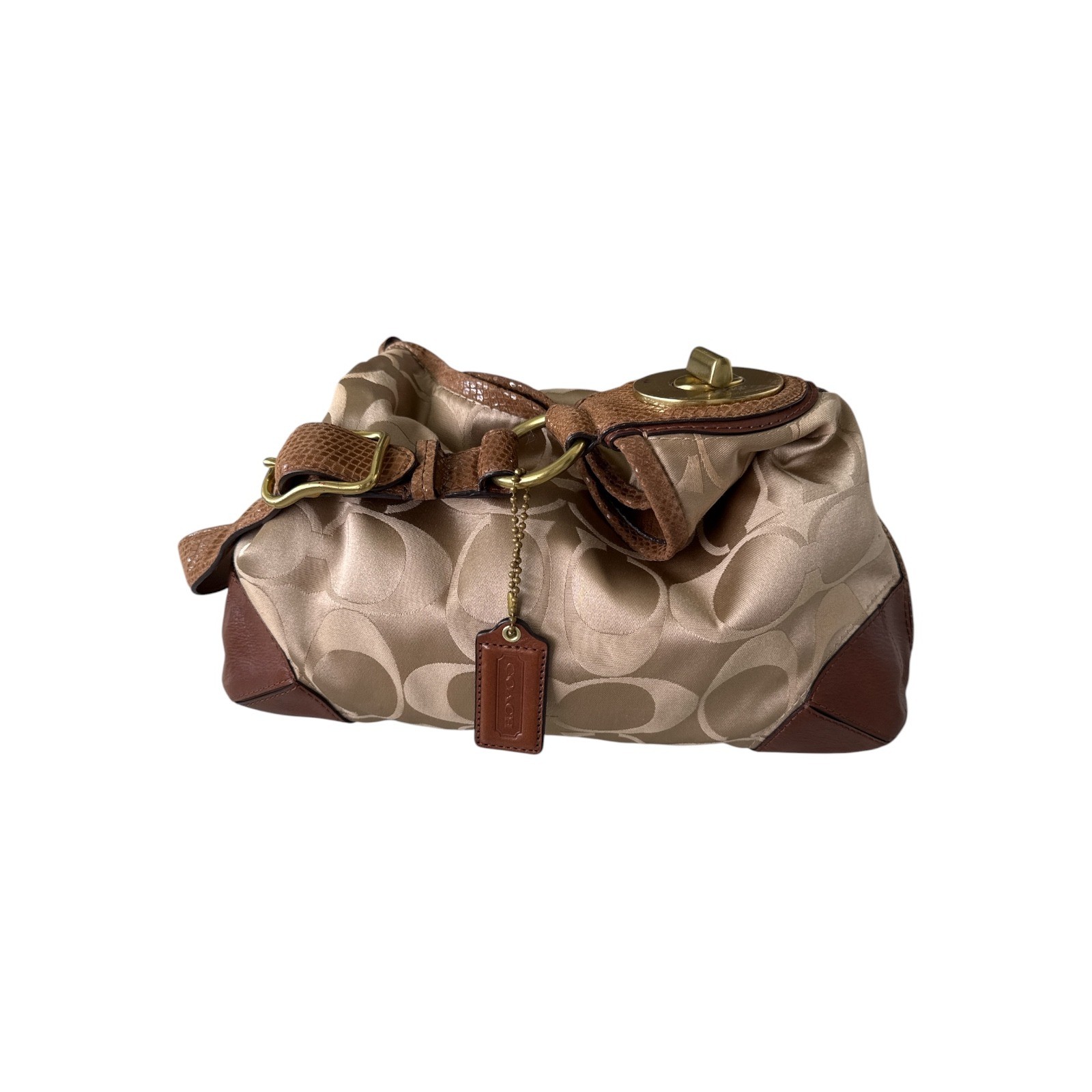 COACH Peyton Signature Hobo Shoulder Bag Khaki Sateen Python Snake Trim 14525