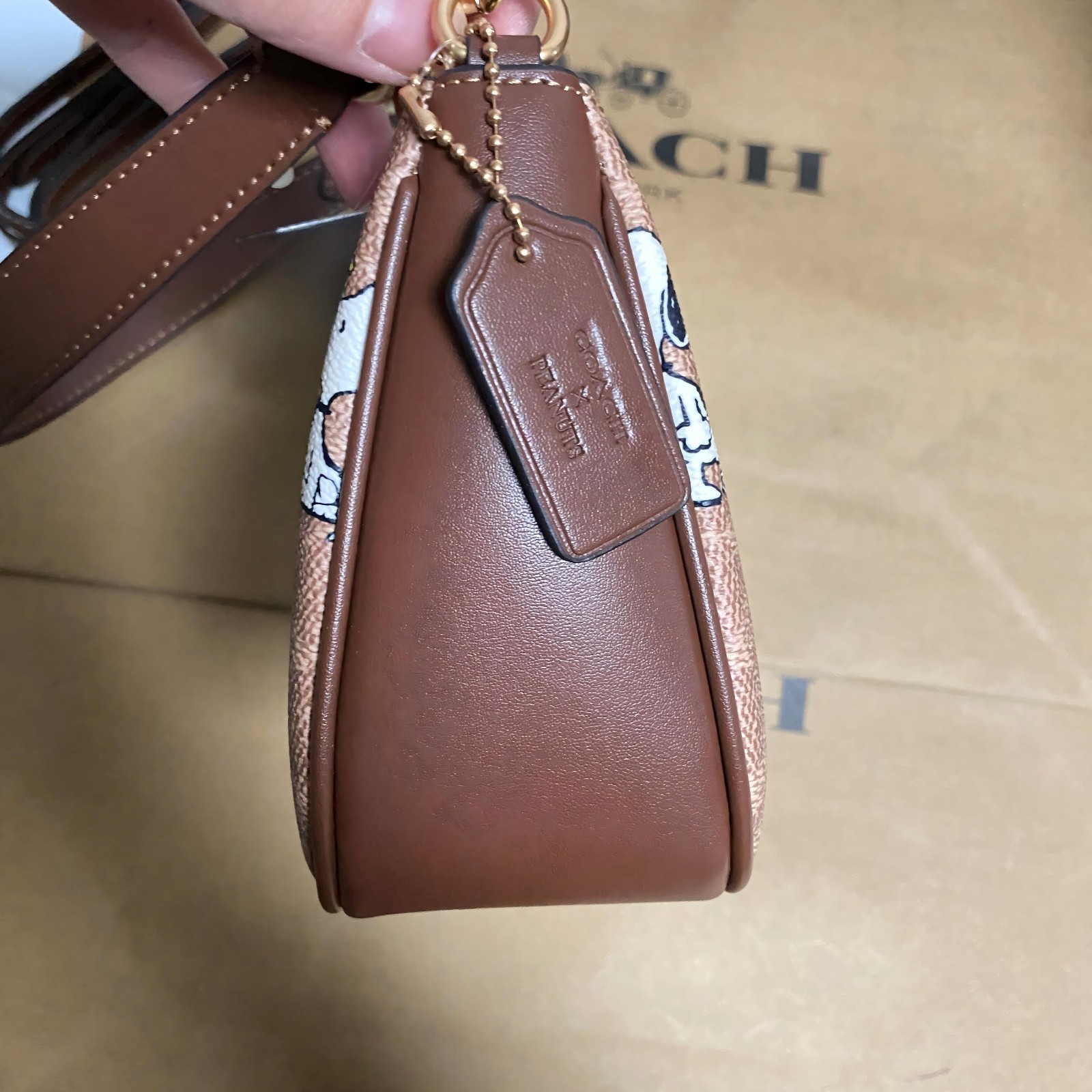 COACH x PEANUTS CBJ88 Teri Shoulder Bag Tan Brown Snoopy Print Signature Canvas
