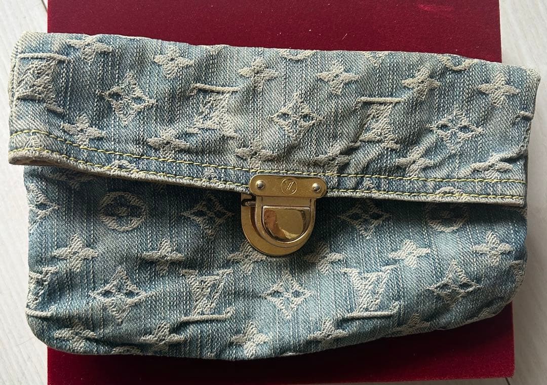 Louis Vuitton Monogram Denim Pochette Plat M95007 Blue Clutch Pouch 8.7×5.5 inch
