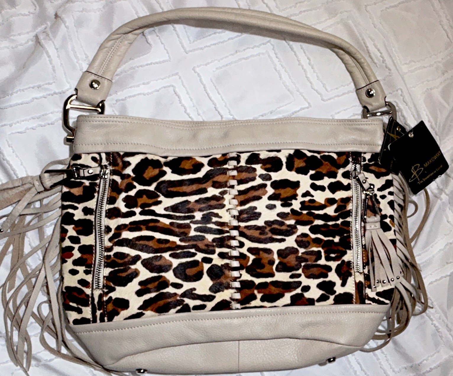B. Makowsky Leopard Print Fringe Tassel Zip Medium Women’s NWT Shoulder/ HoboBag