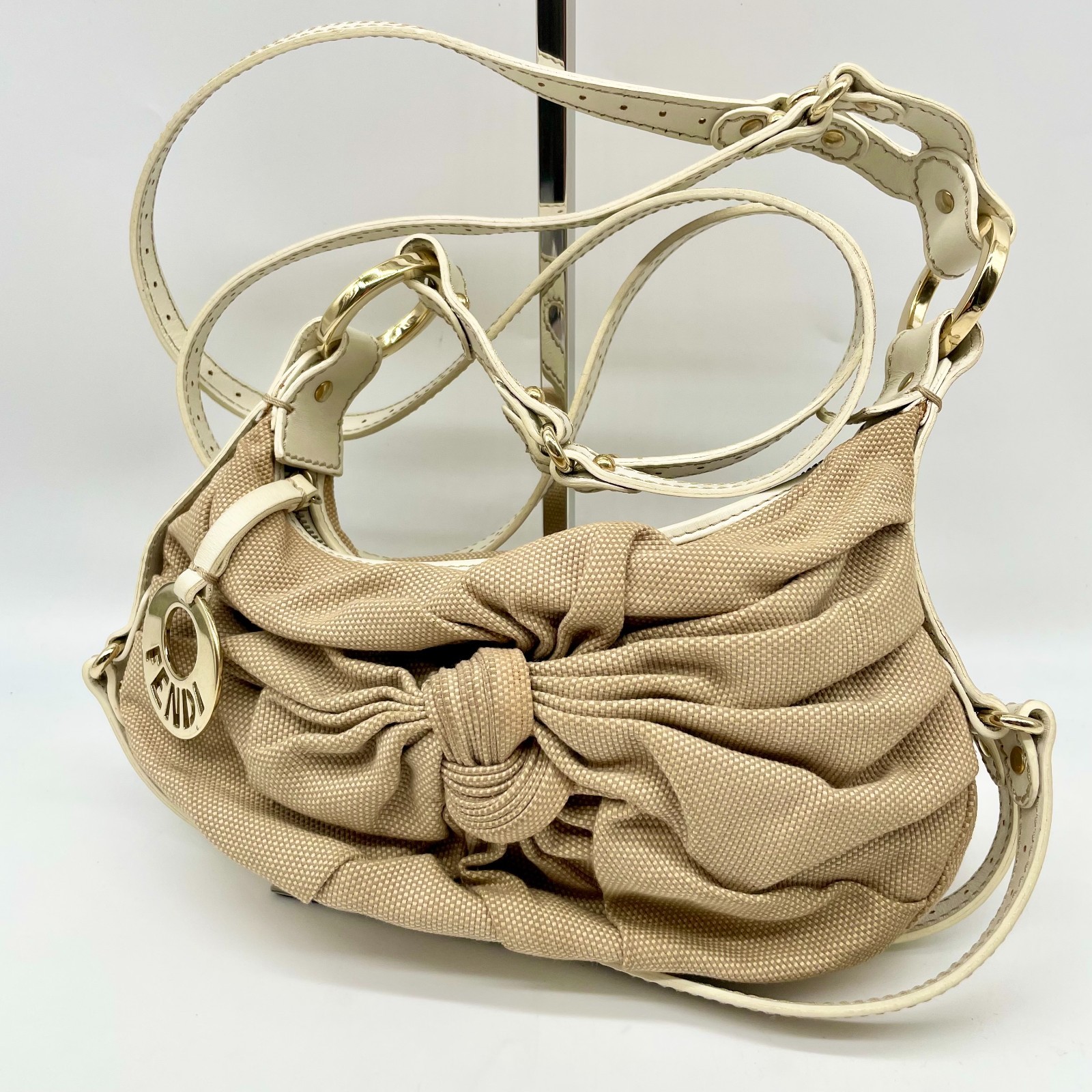FENDI Chef Shoulder bag Crossbody Handbag Leather Canvas Charm Beige Y2K Auth