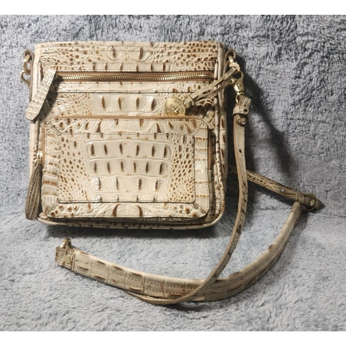 Brahmin Beige Croc Embossed Small Crossbody Zip Bag Gold Hardware Strap